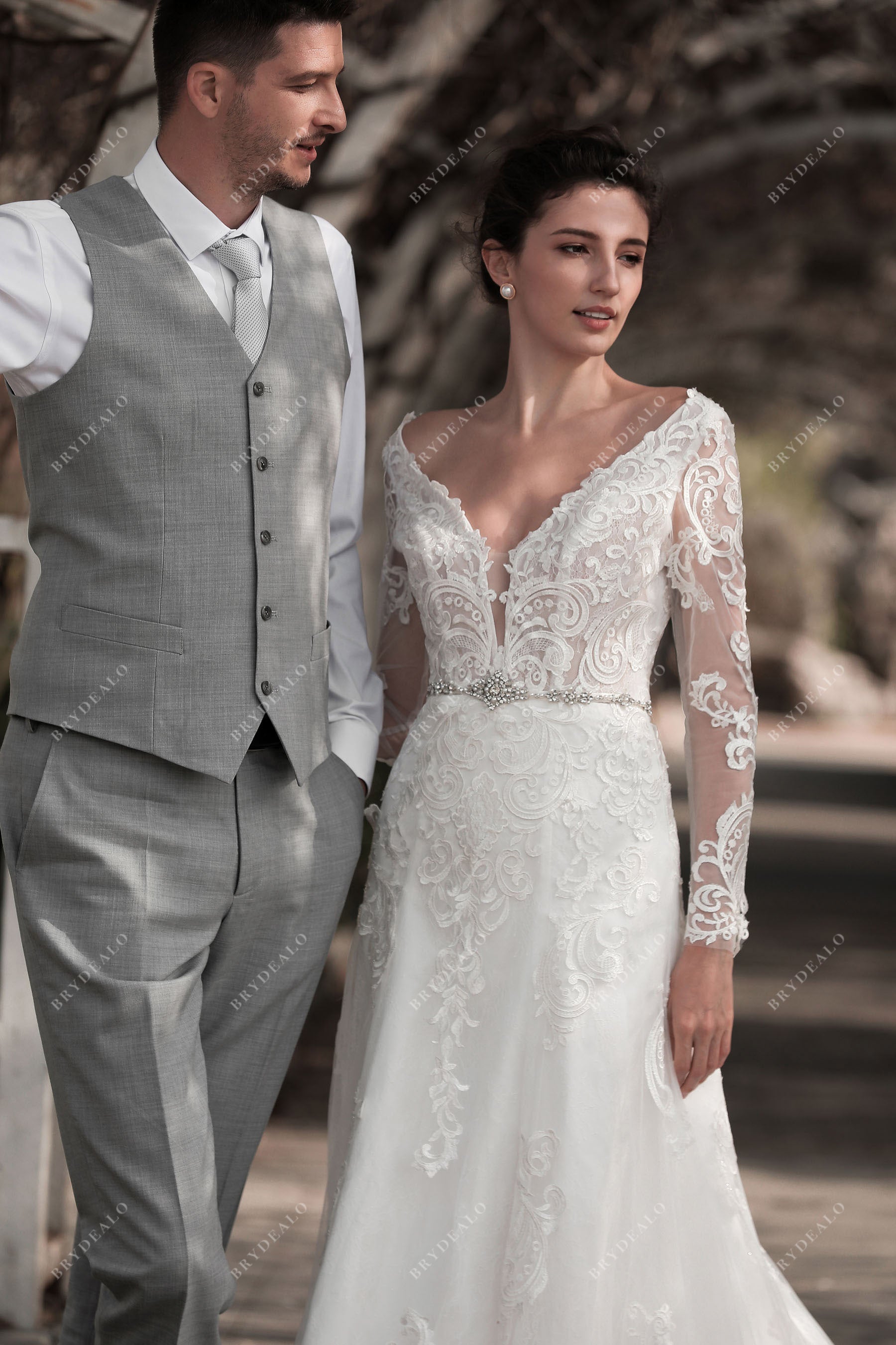 Sleeved Lace Long Fit & Flare Wedding Dress Sleeved Lace Long Fit & Flare Wedding Dress