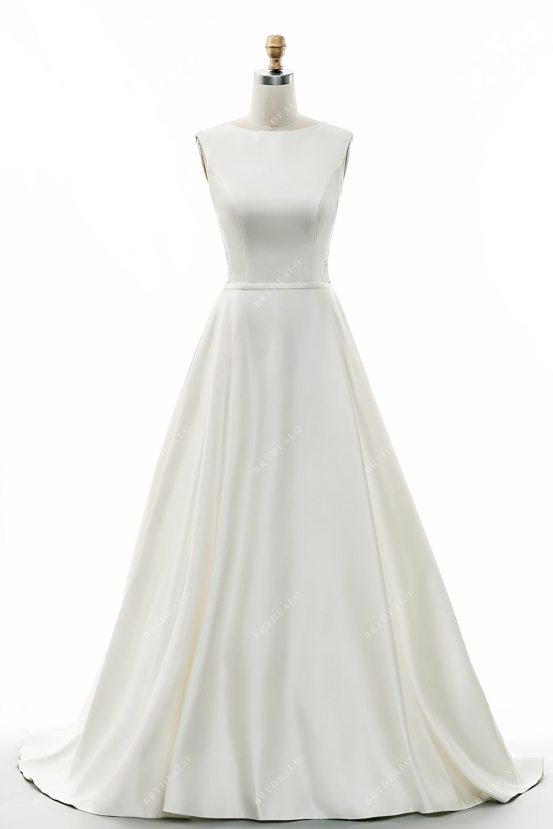 sleeveless bateau neck satin wedding dress
