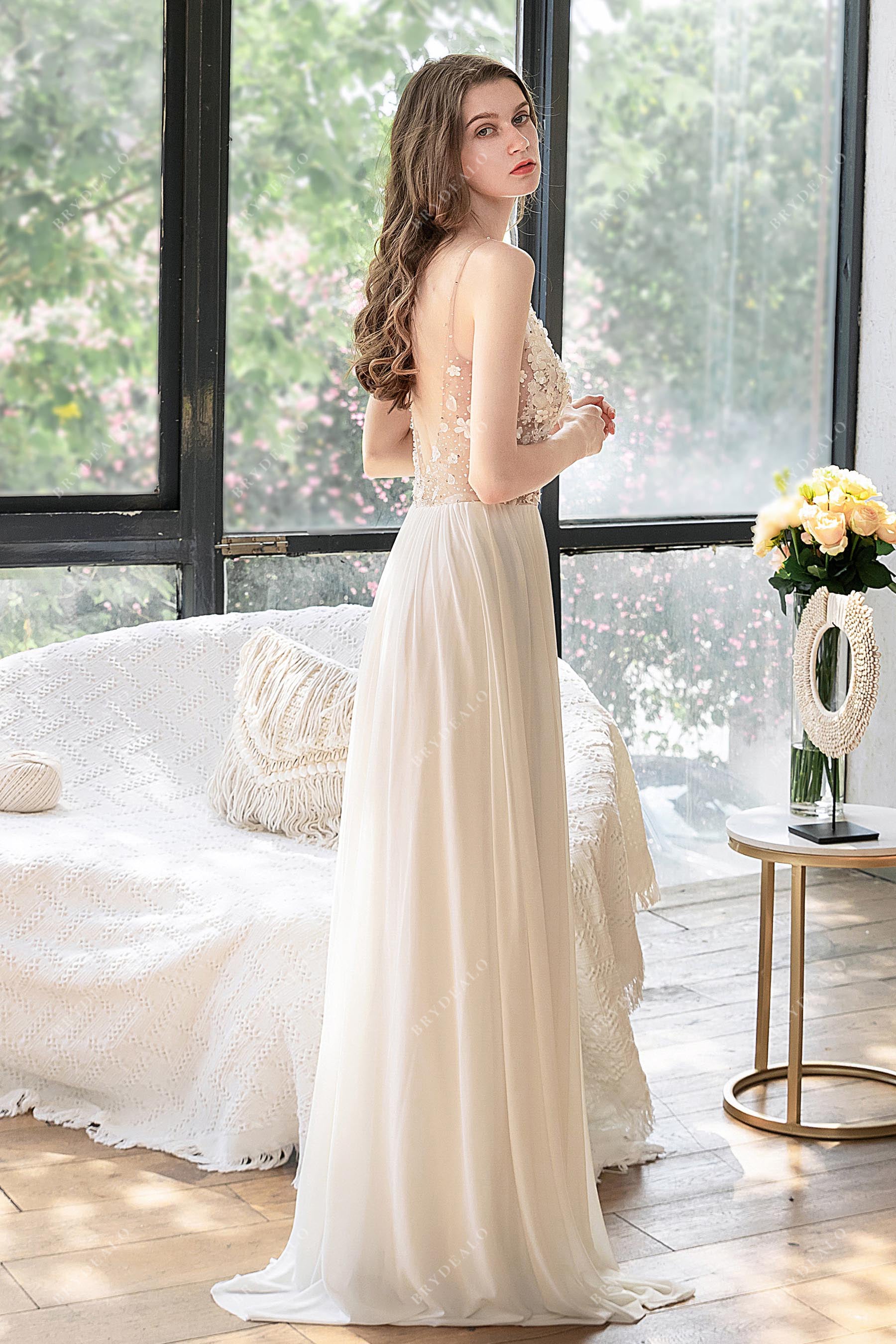 sleeveless ivory chiffon illusion flowers crystals wedding dress