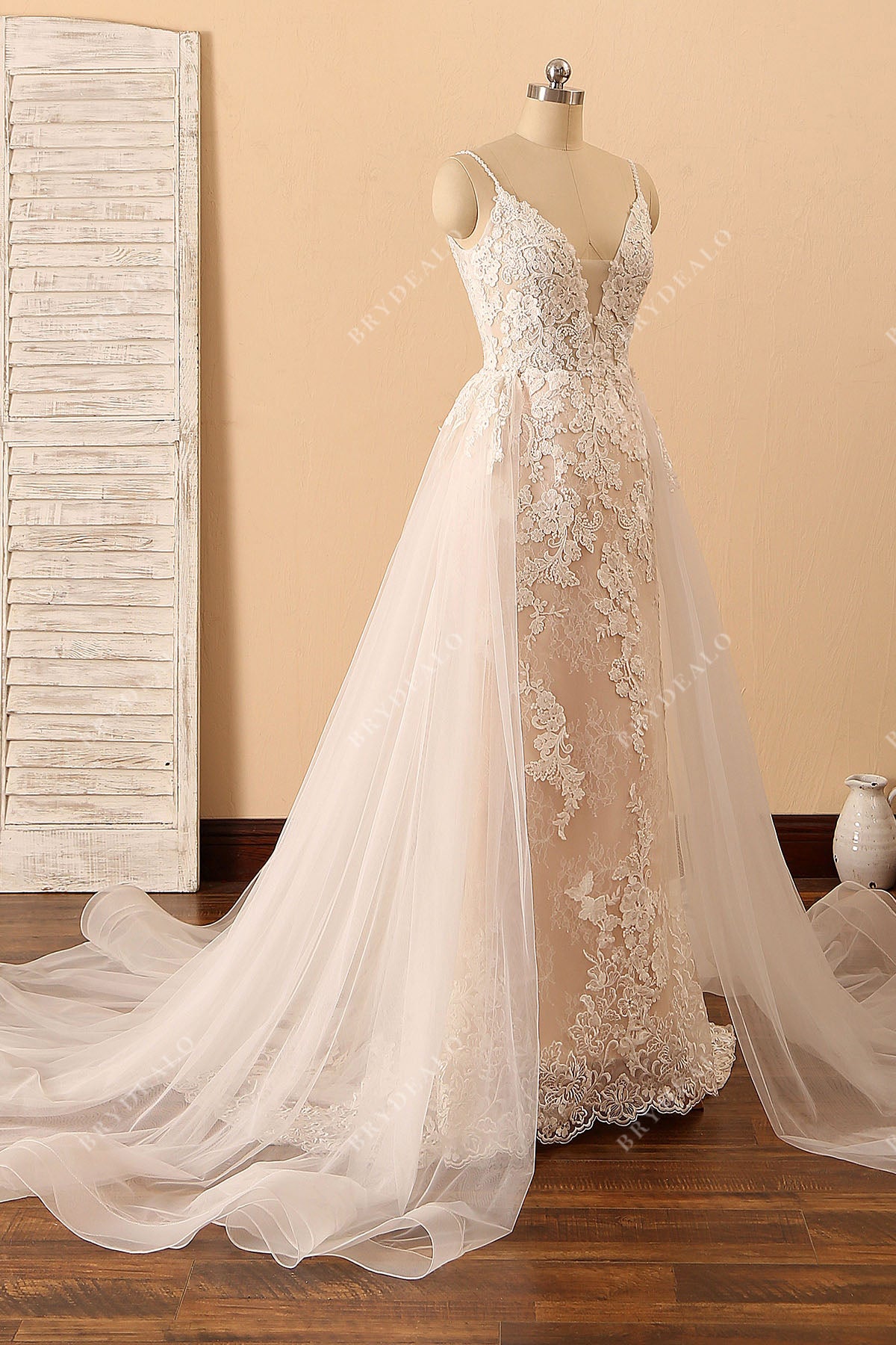 sleeveless lace pearl pink mermaid ivory tulle overskirt bridal dress