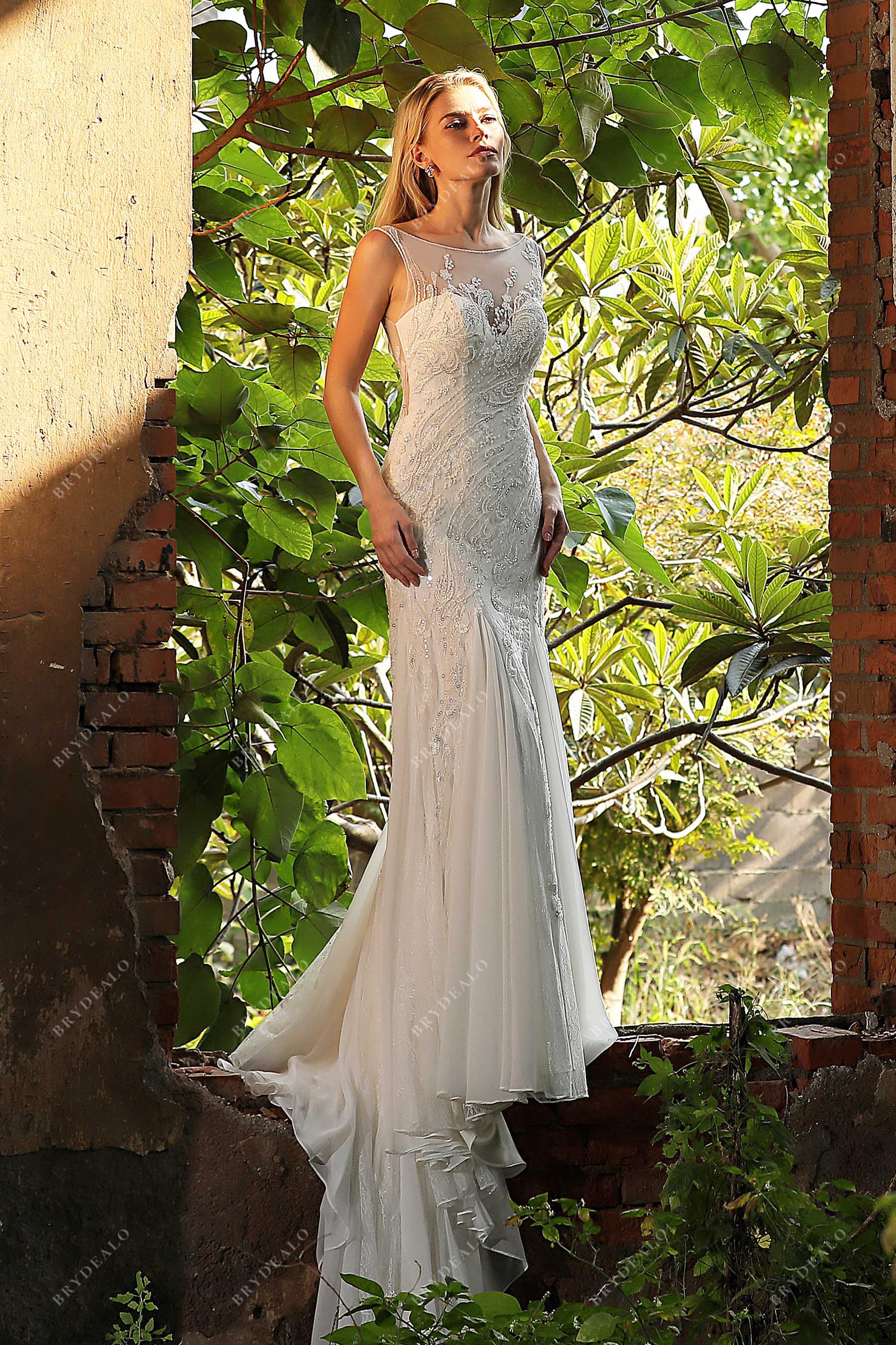 Sleeveless Mermaid Illusion Neck Beaded Lace Bridal Gown