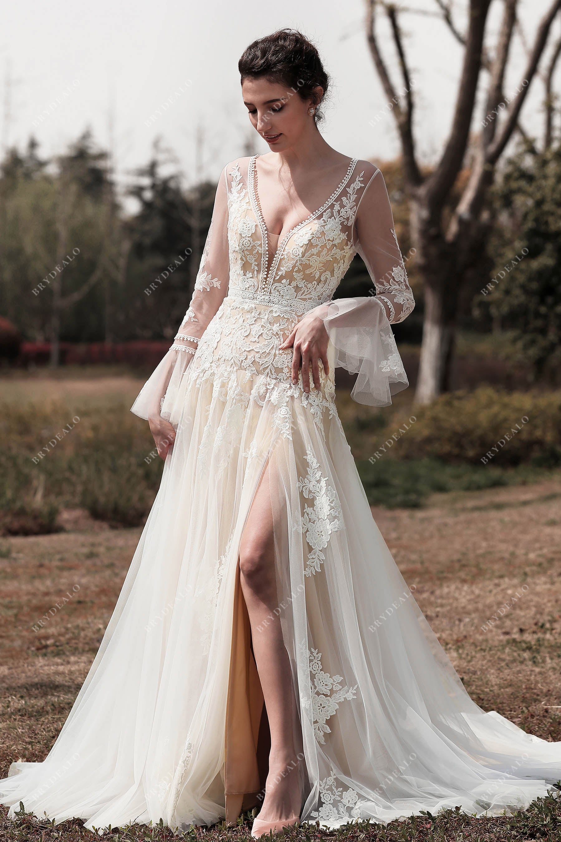 Romantic Bell Sleeve Boho Lace Wedding Dress Light Ivory Romantic Bell Sleeve Boho Lace Wedding Dress Light Ivory