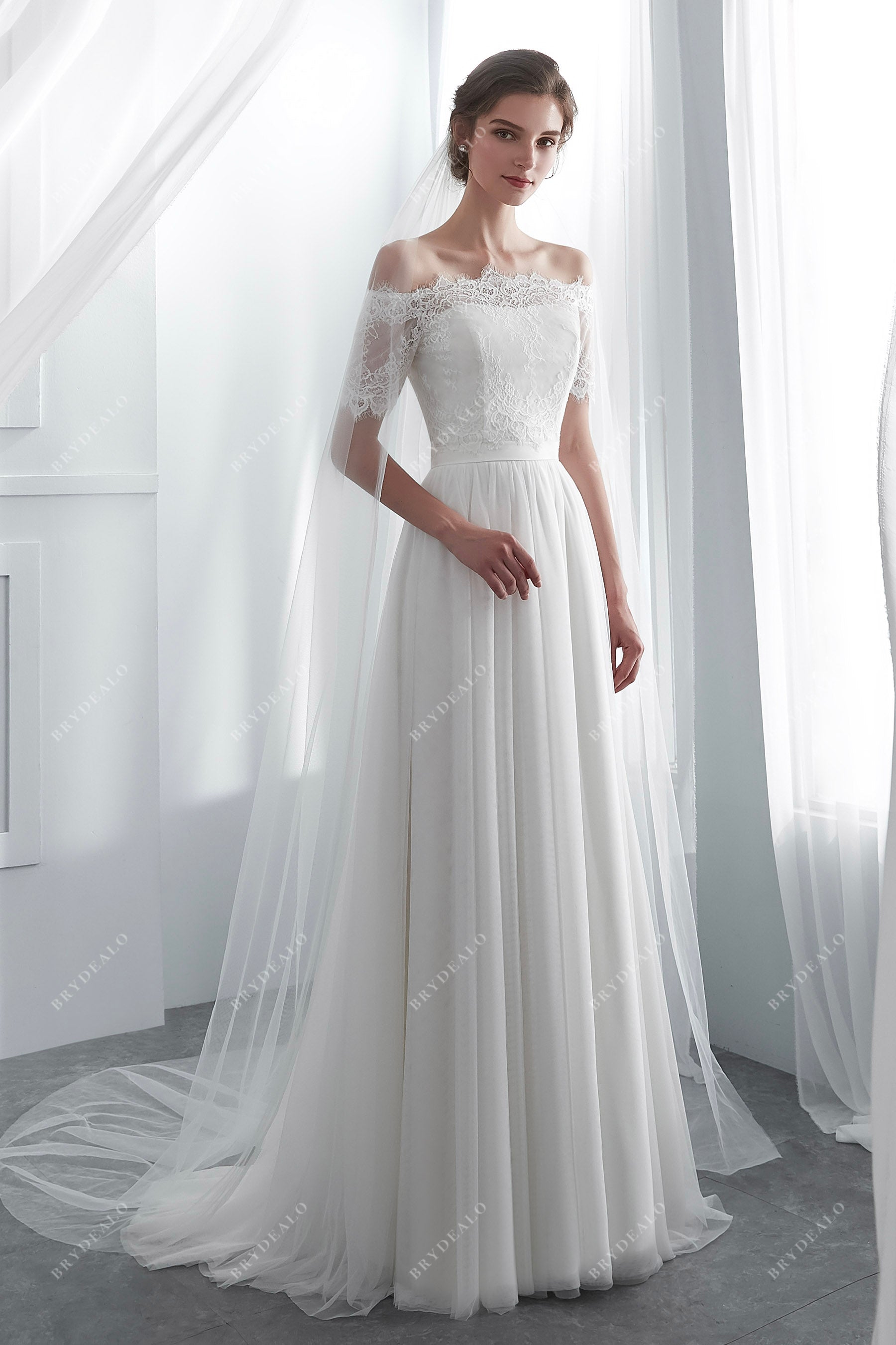 Ivory Lace Net A-line Bridal Gown with Bolero
