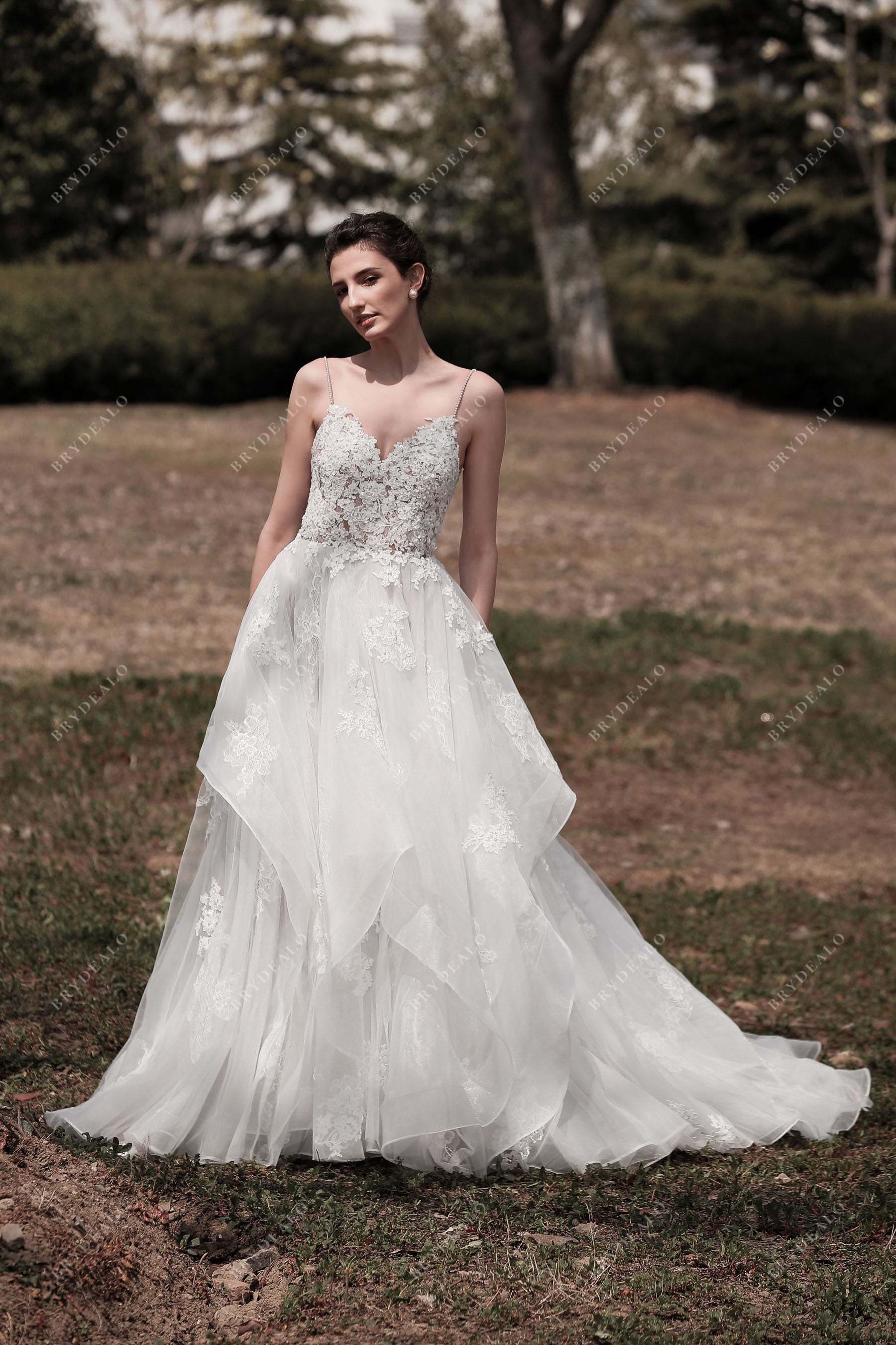 Spaghetti Strap Lace Puffy Ruffled Wedding Dress Light Ivory Spaghetti Strap Lace Puffy Ruffled Wedding Dress Light Ivory