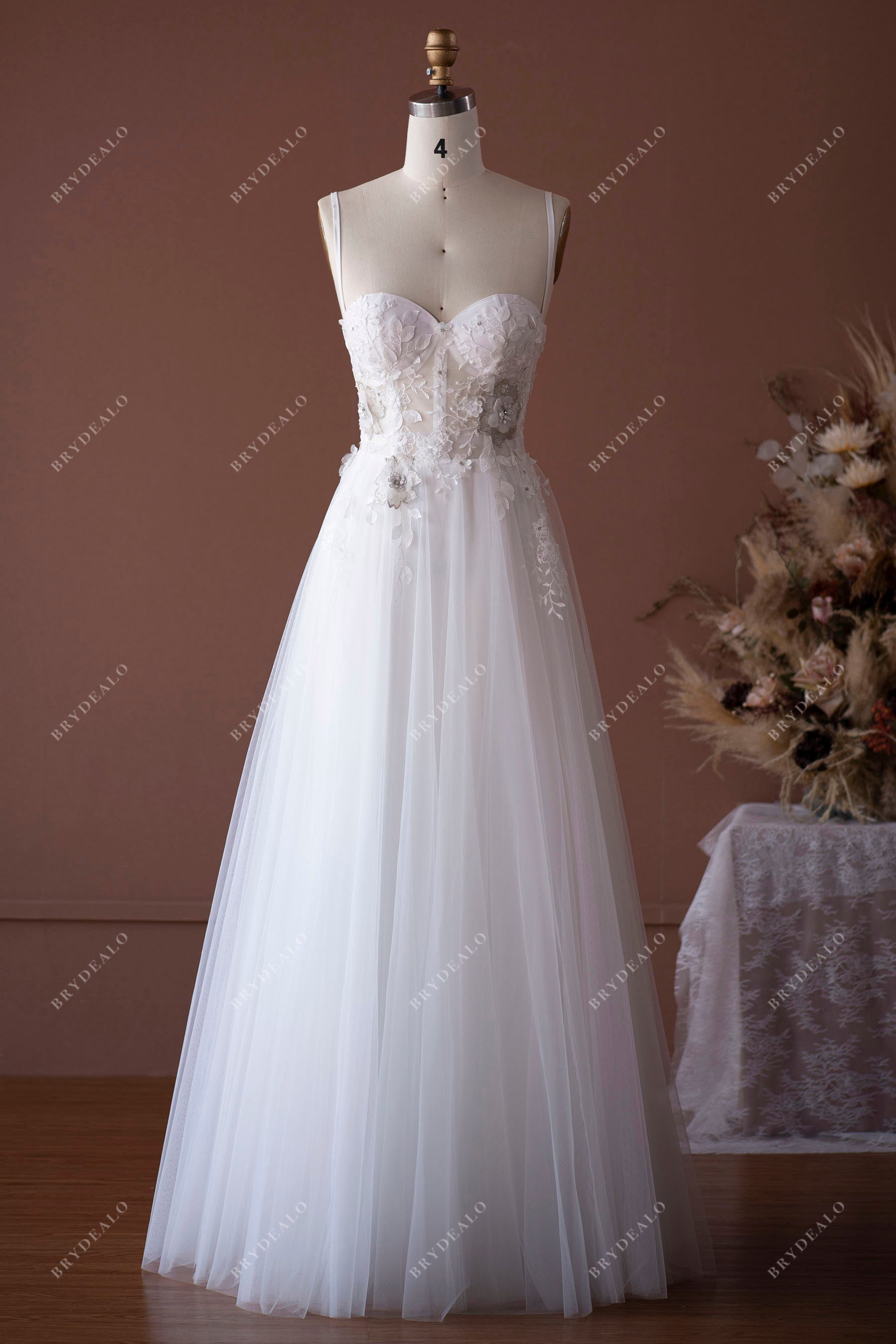 thin straps corset A-line wedding gown