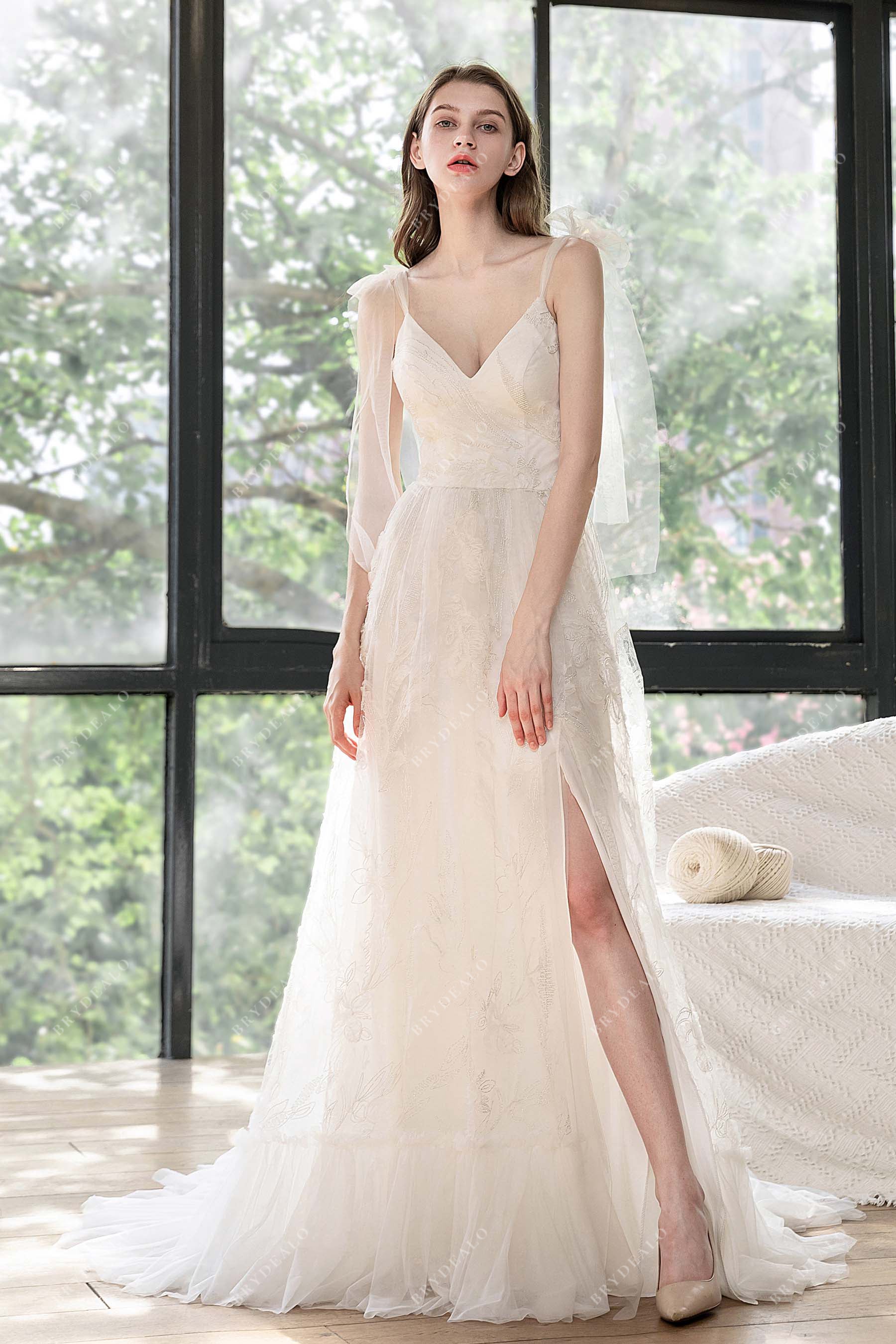 Spaghetti Straps Shoulder Bow Sashes Slit A-line Wedding Dress