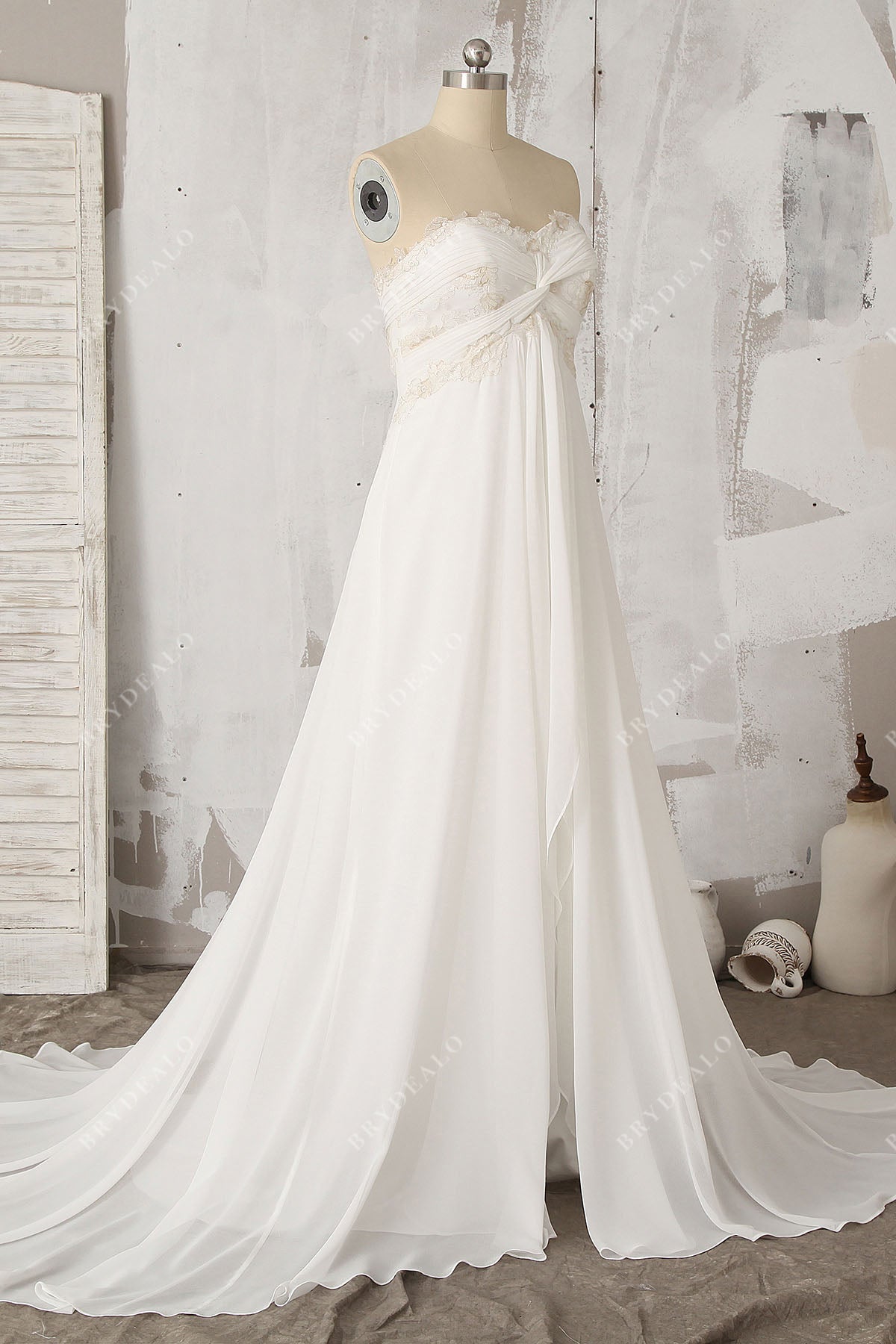 strapless lace chiffon beach wedding gown