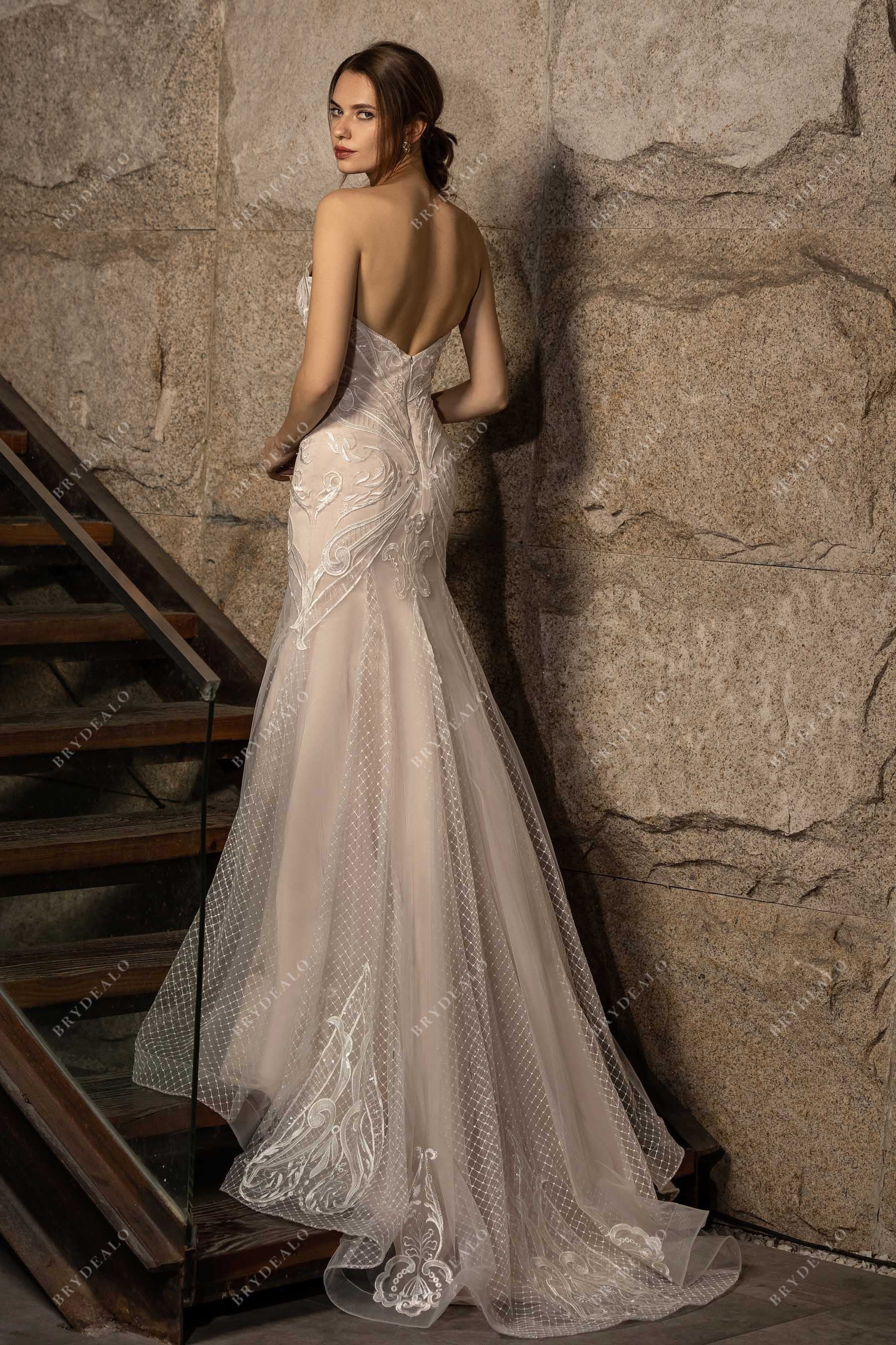 strapless mermaid open back chapel train pearl pink lace wedding gown