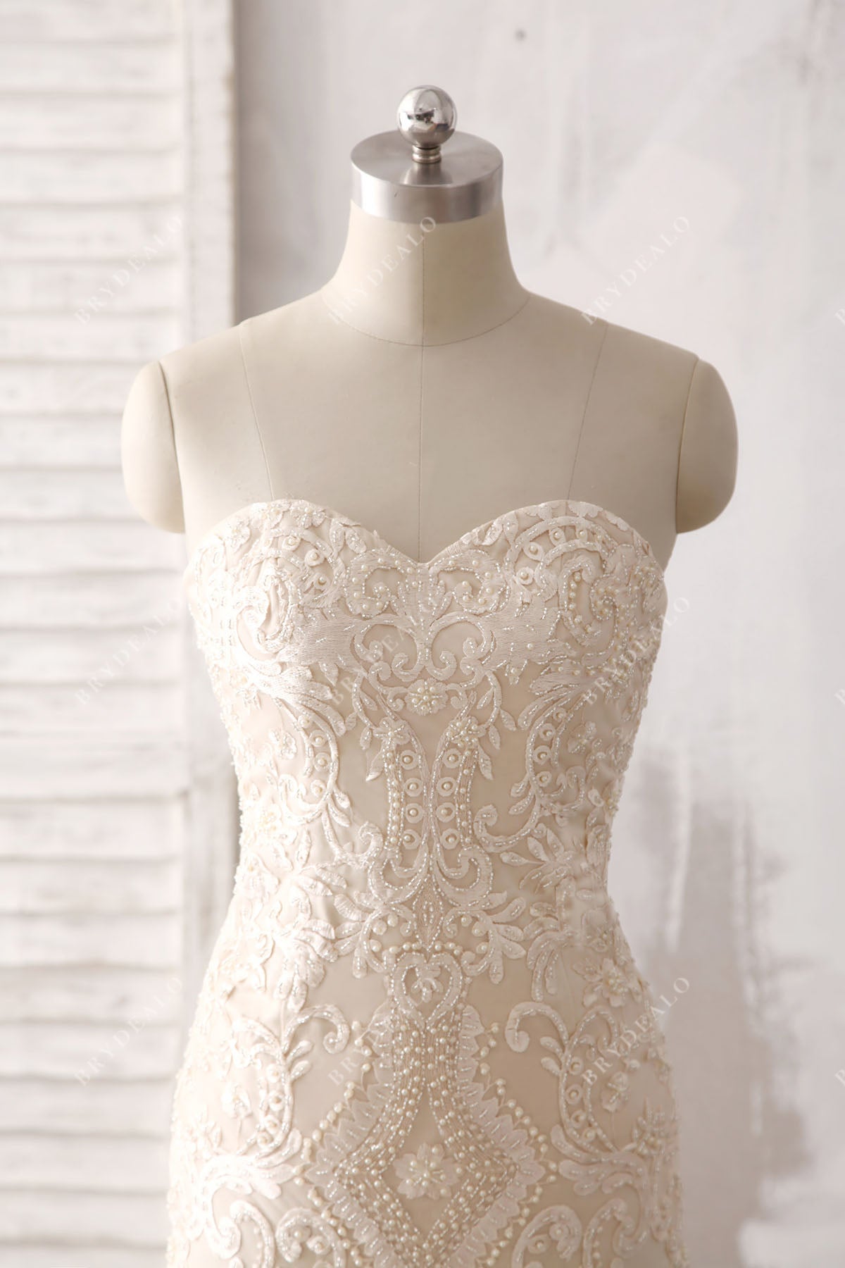 strapless sweetheart beaded champagne wedding dress