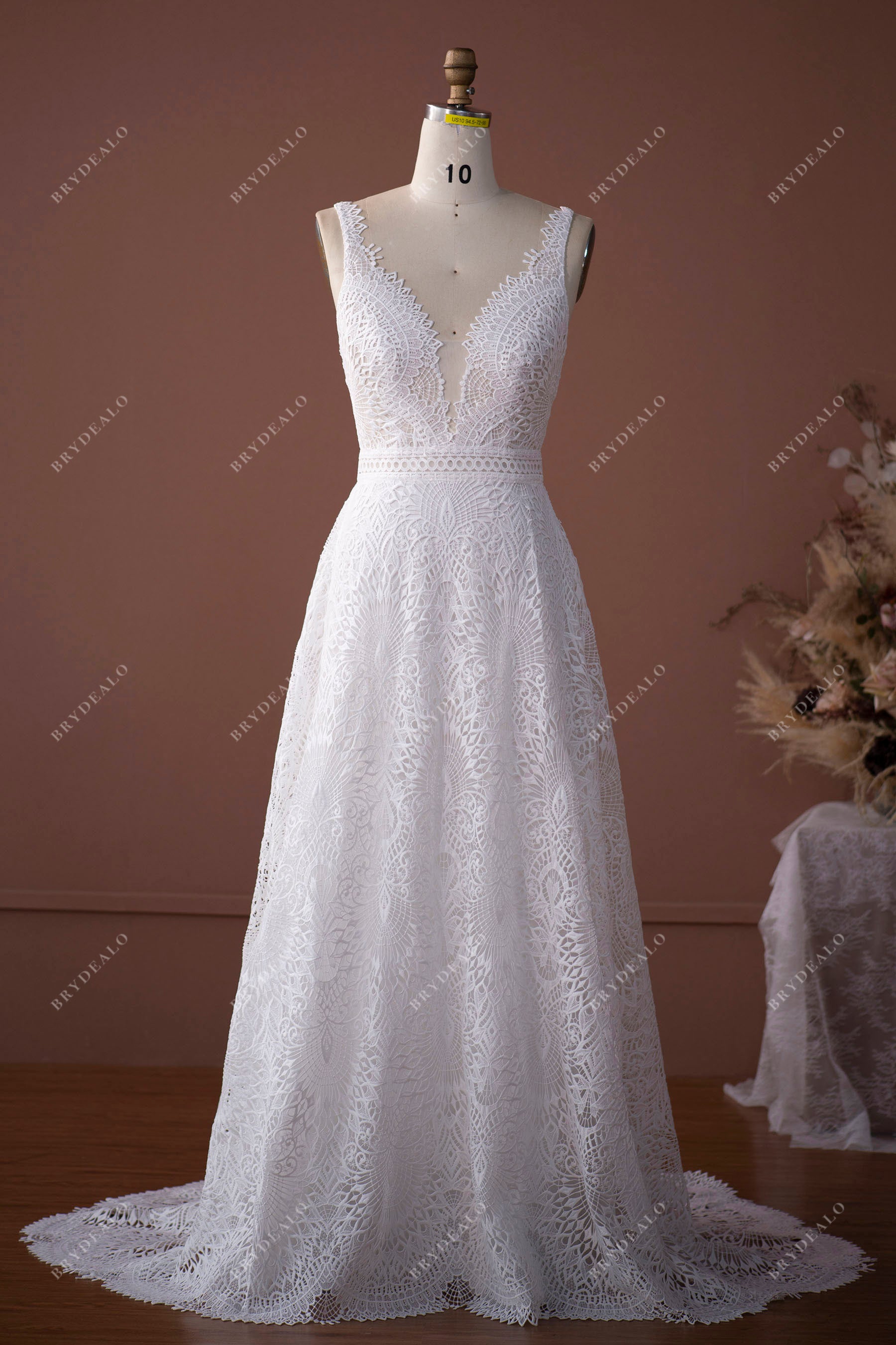 plunging neck lace A-line bridal gown