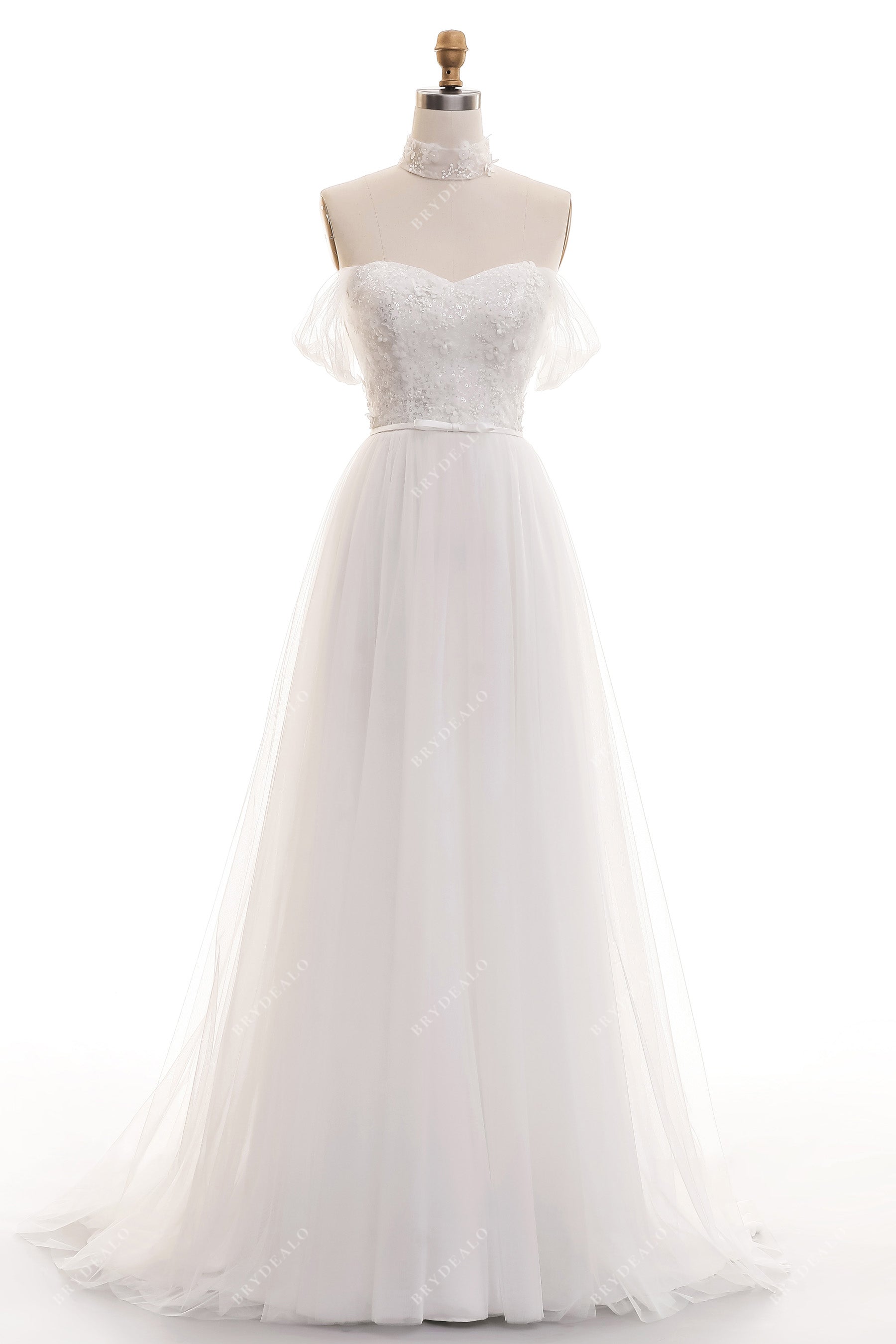 Sweetheart Neck Off Shoulder Boho Petals Lace Bridal Dress