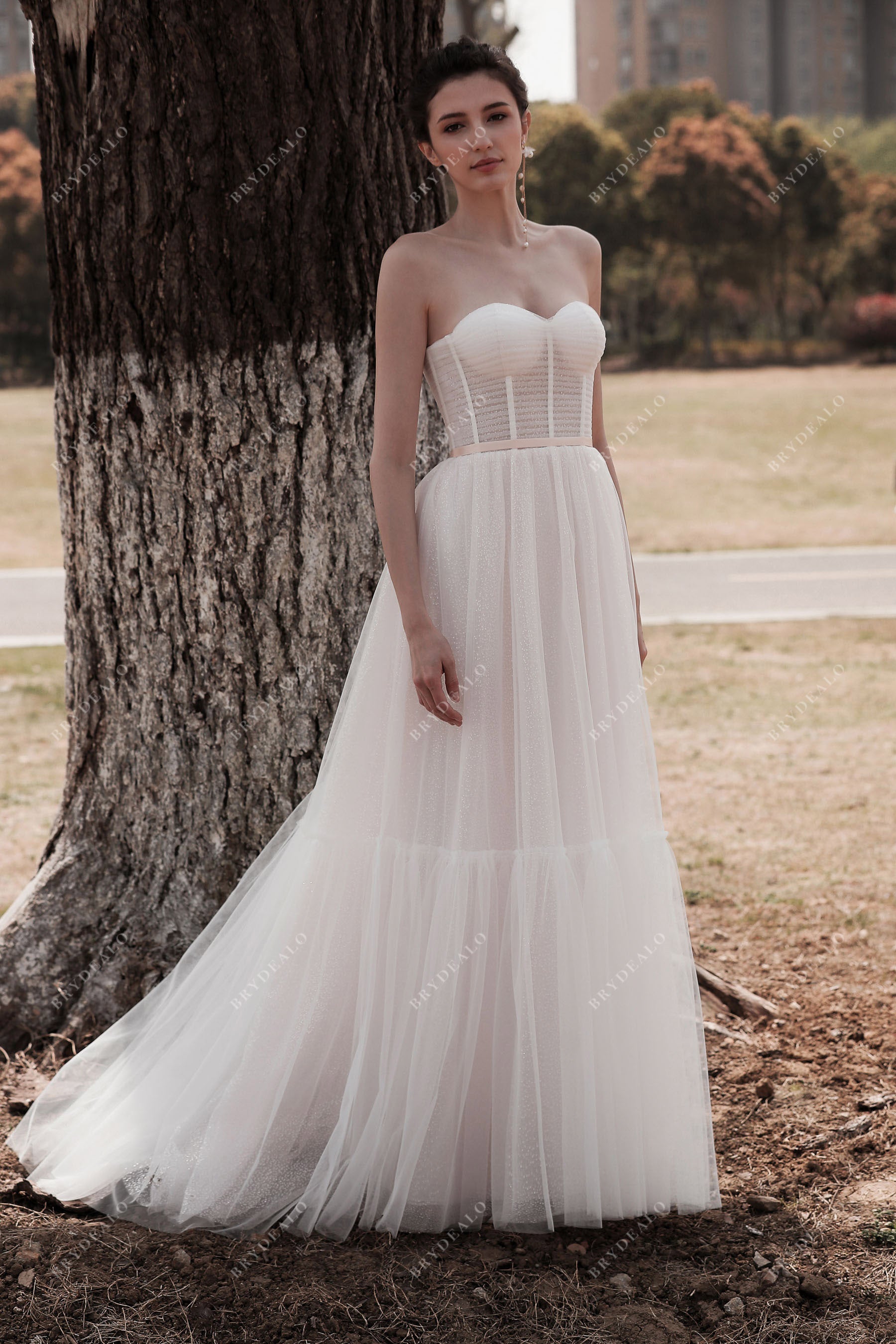 Shimmery Sheer Corset Tulle Beach Wedding Dress