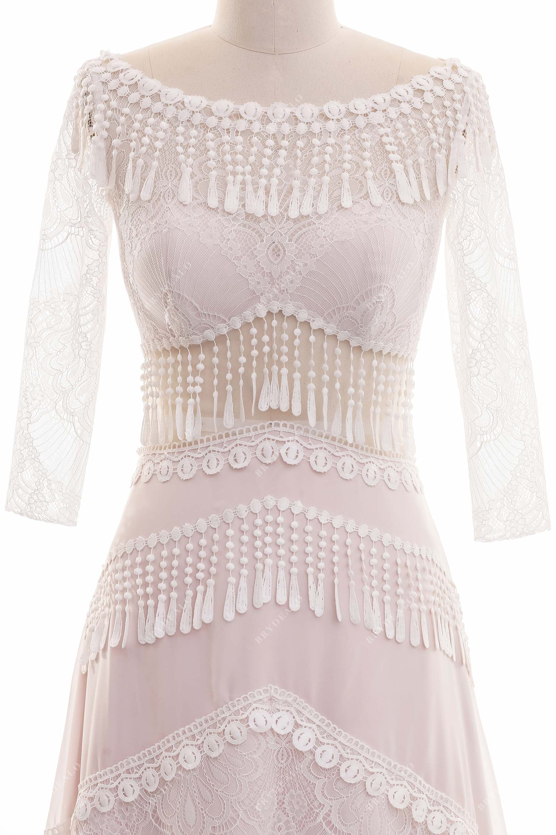 tassels bateau neck pearl pink sleeved wedding dress