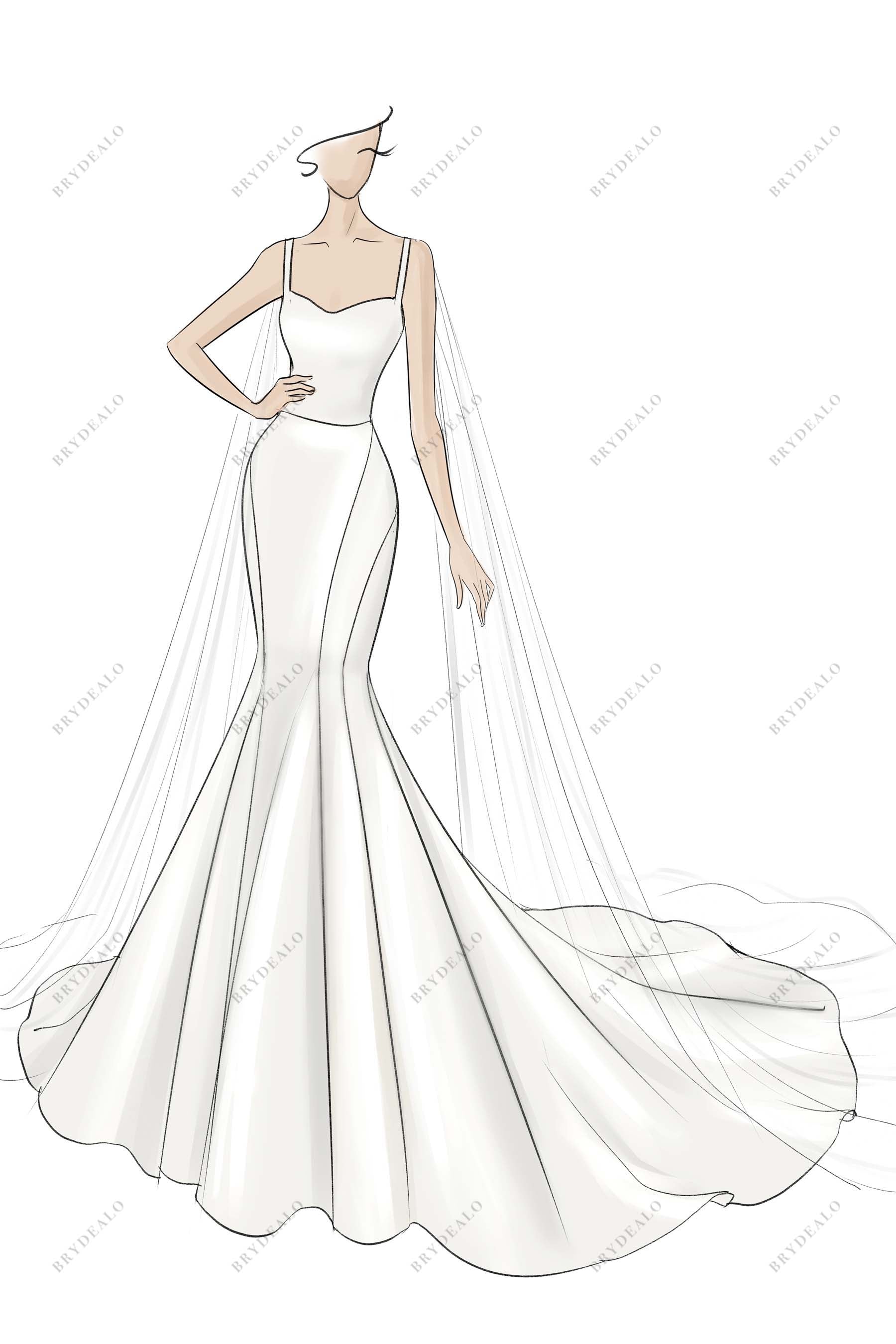 Thin Straps Satin Corset Designer Mermaid Bridal Dress Sketch