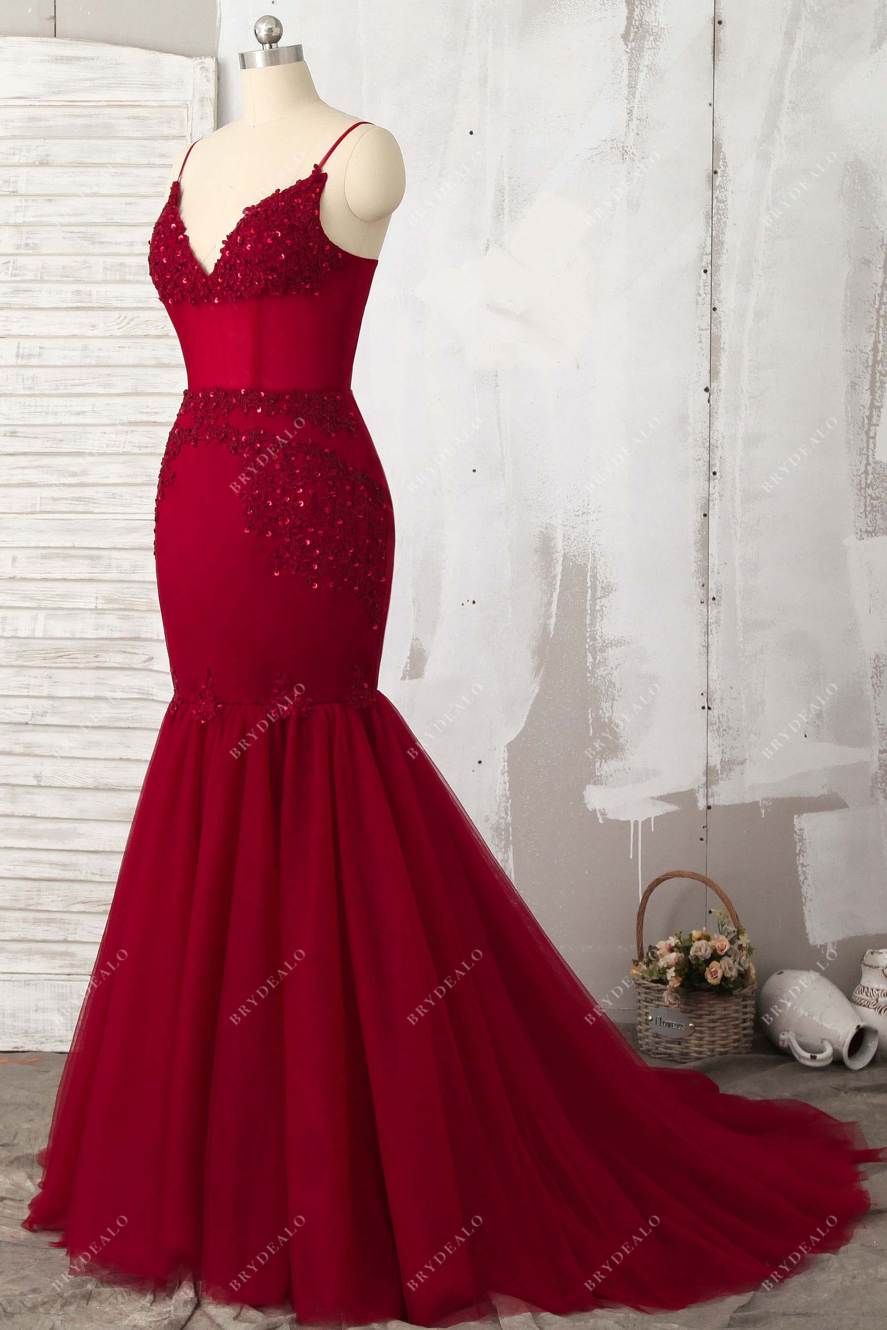 trumpet tulle beaded sheer corset prom gown