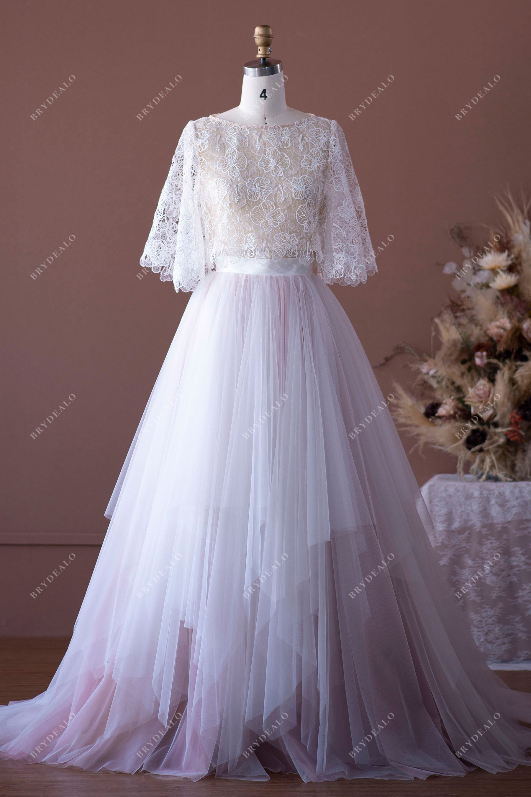 Two-Piece Flower Lace Tulle Layered Wedding Dress Custom Color Two-Piece Flower Lace Tulle Layered Wedding Dress Custom Color