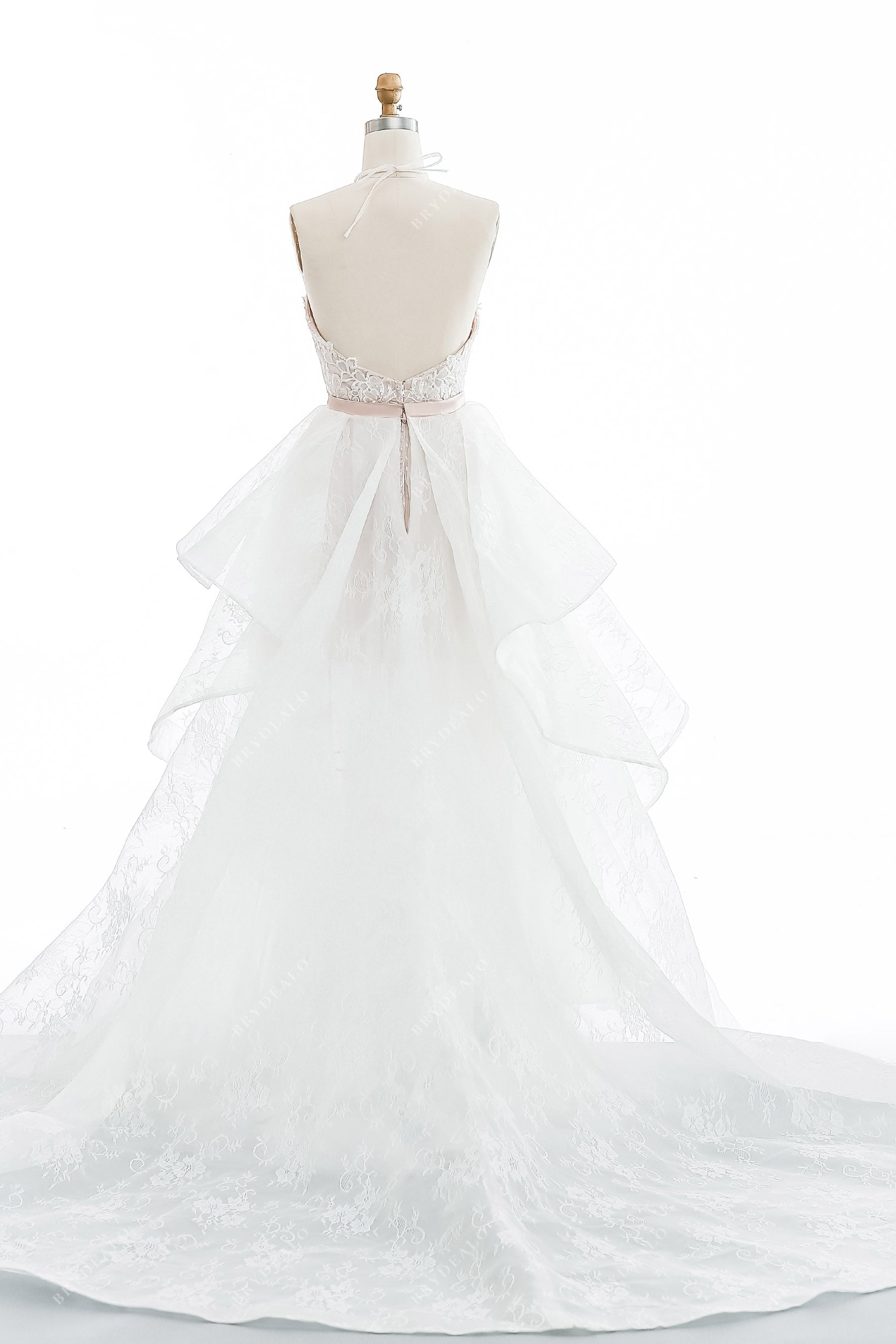 two-piece halter open back structured ruffled lace ball gown wedding dress