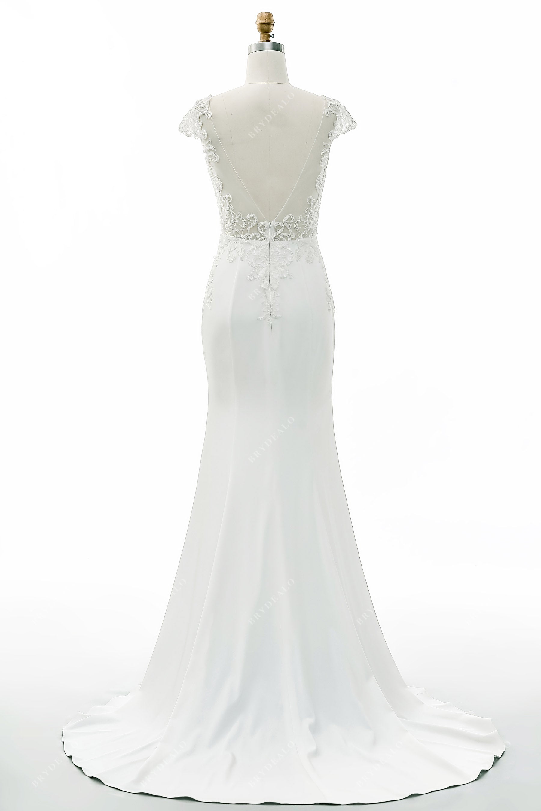 V-back beaded lace satin mermaid wedding dress
