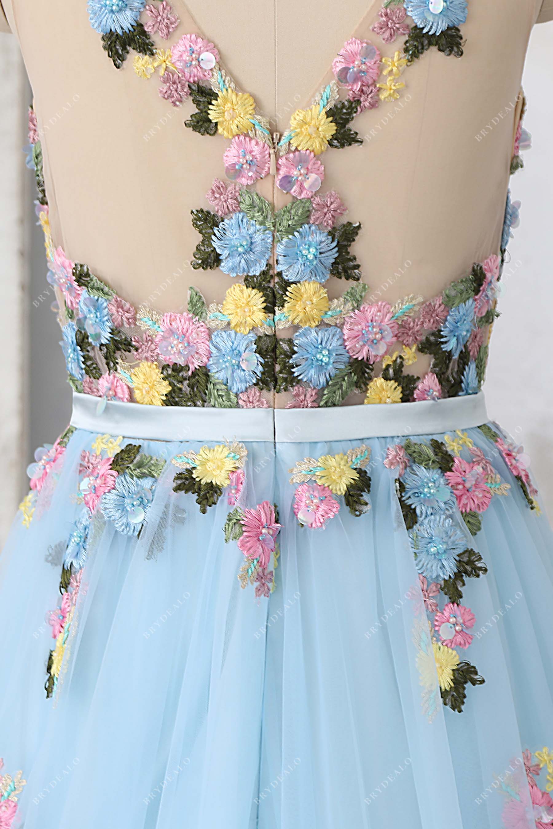 open back flower straps tulle formal dress
