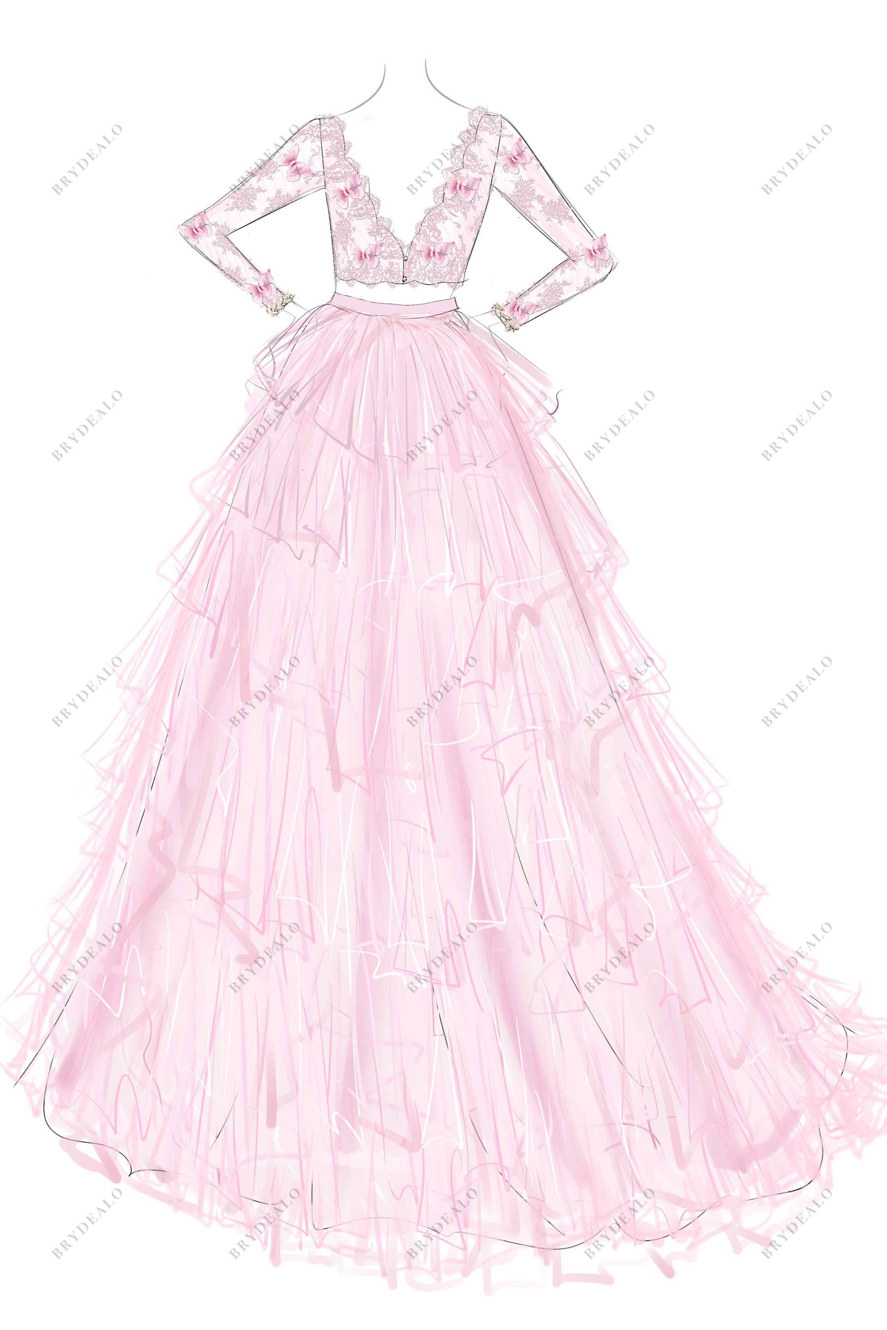 V-back pink two-piece lace tulle wedding dress sketch