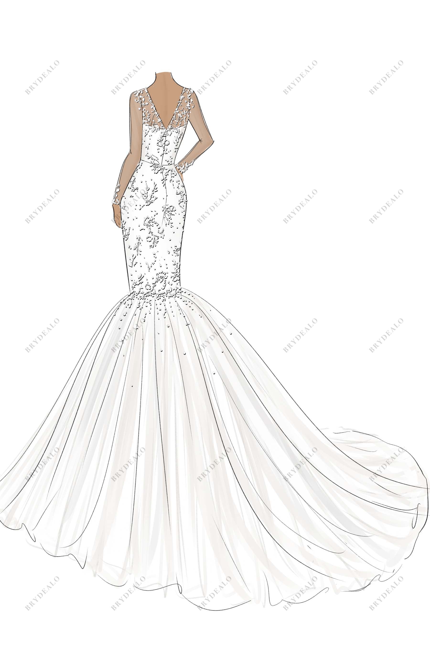 V-back tulle designer trumpet bridal dress sketch