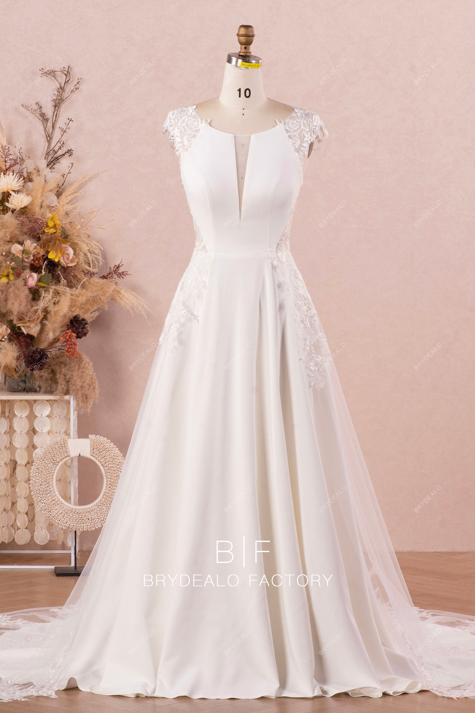Crepe Cap Sleeve Long Bridal Dress With Lace Overskirt Crepe Cap Sleeve Long Bridal Dress With Lace Overskirt