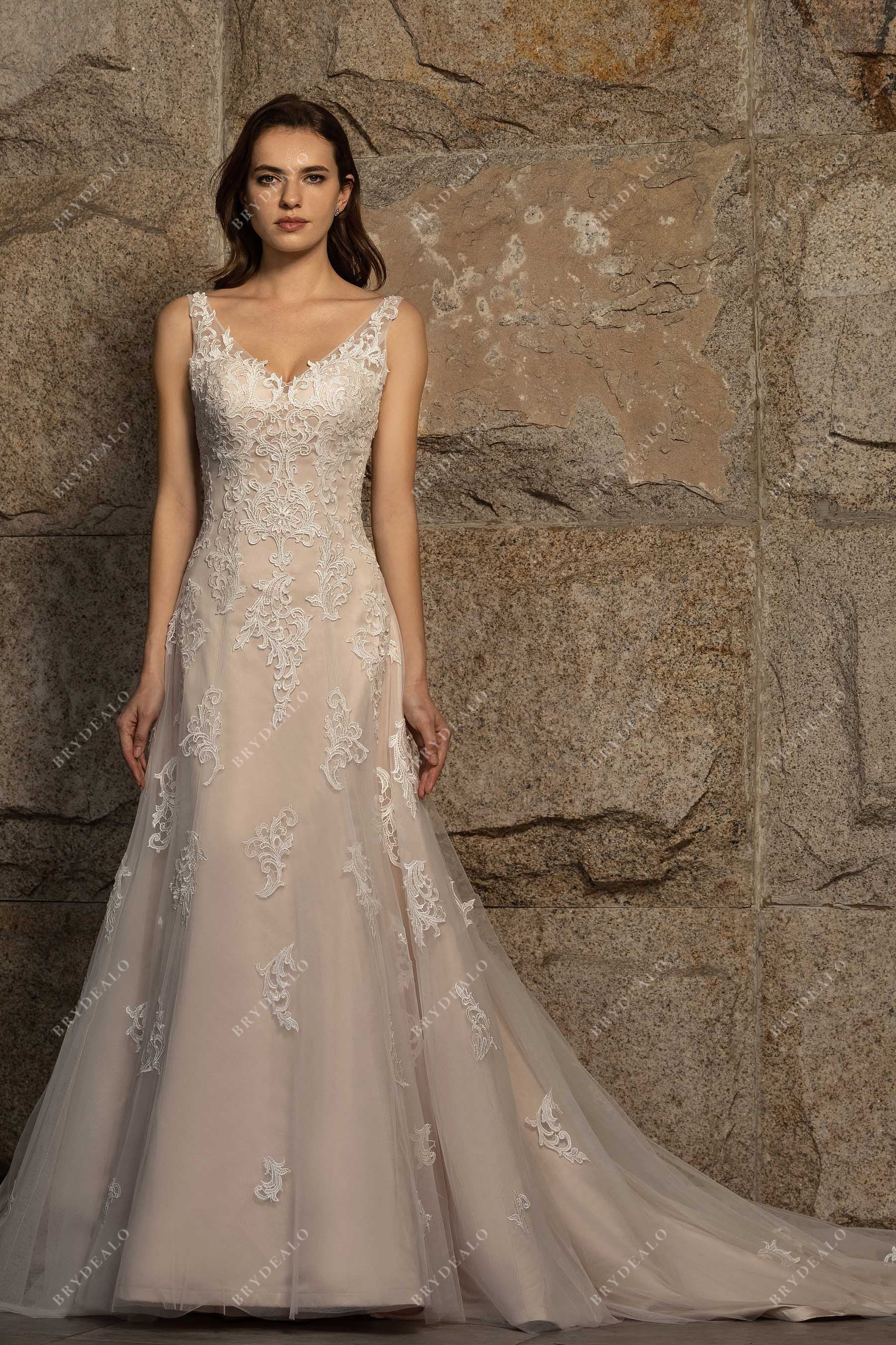Romantic Strap V-Neck Fit & Flare Wedding Dress Nude Pink Romantic Strap V-Neck Fit & Flare Wedding Dress Nude Pink