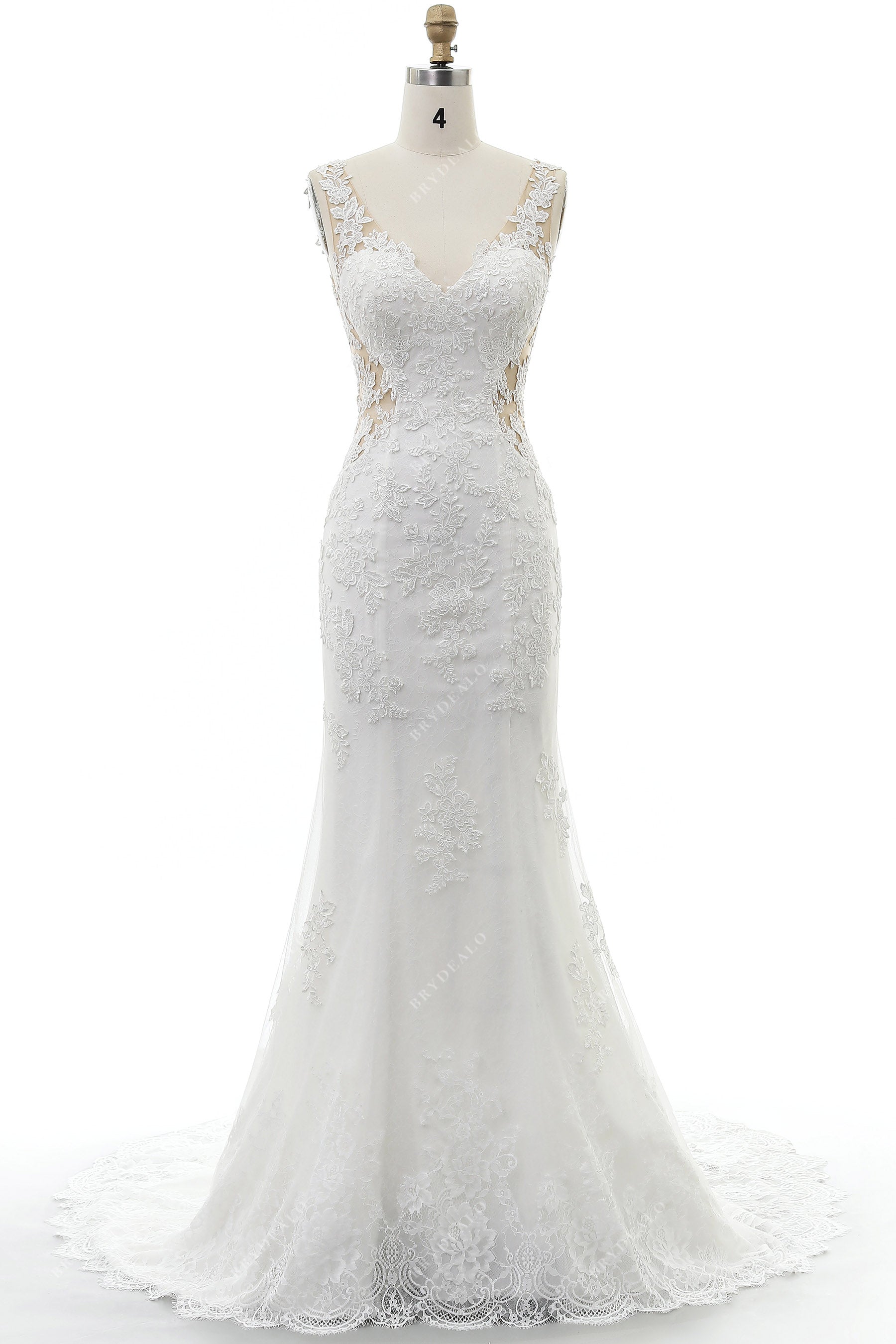 v neck lace long mermaid wedding dress