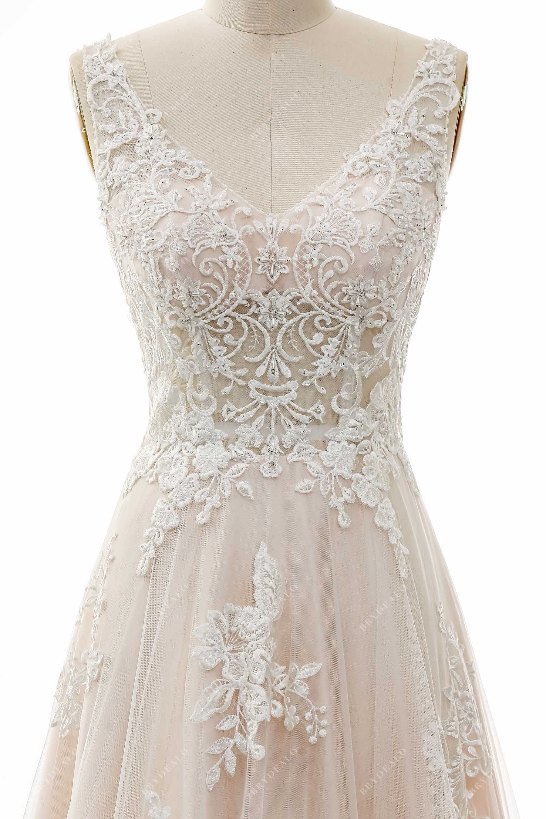 V-neck sheer lace wedding dress