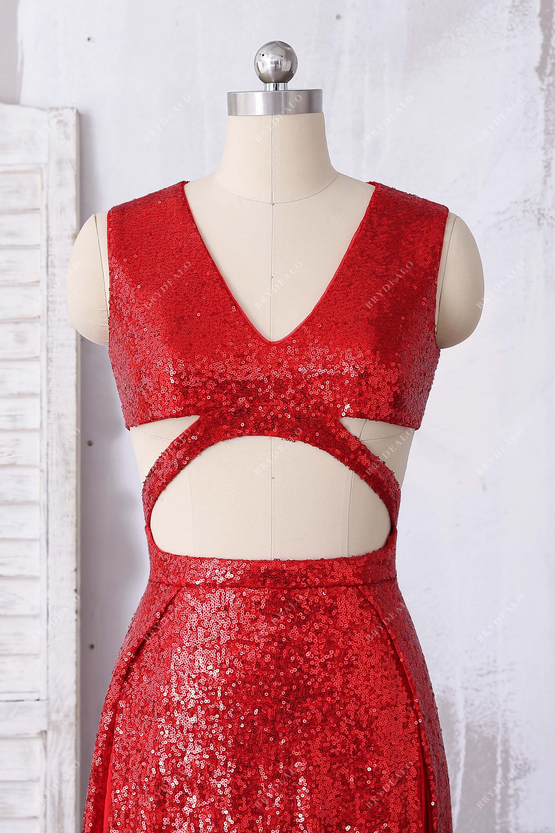 V-neck cutouts red sequin prom gown