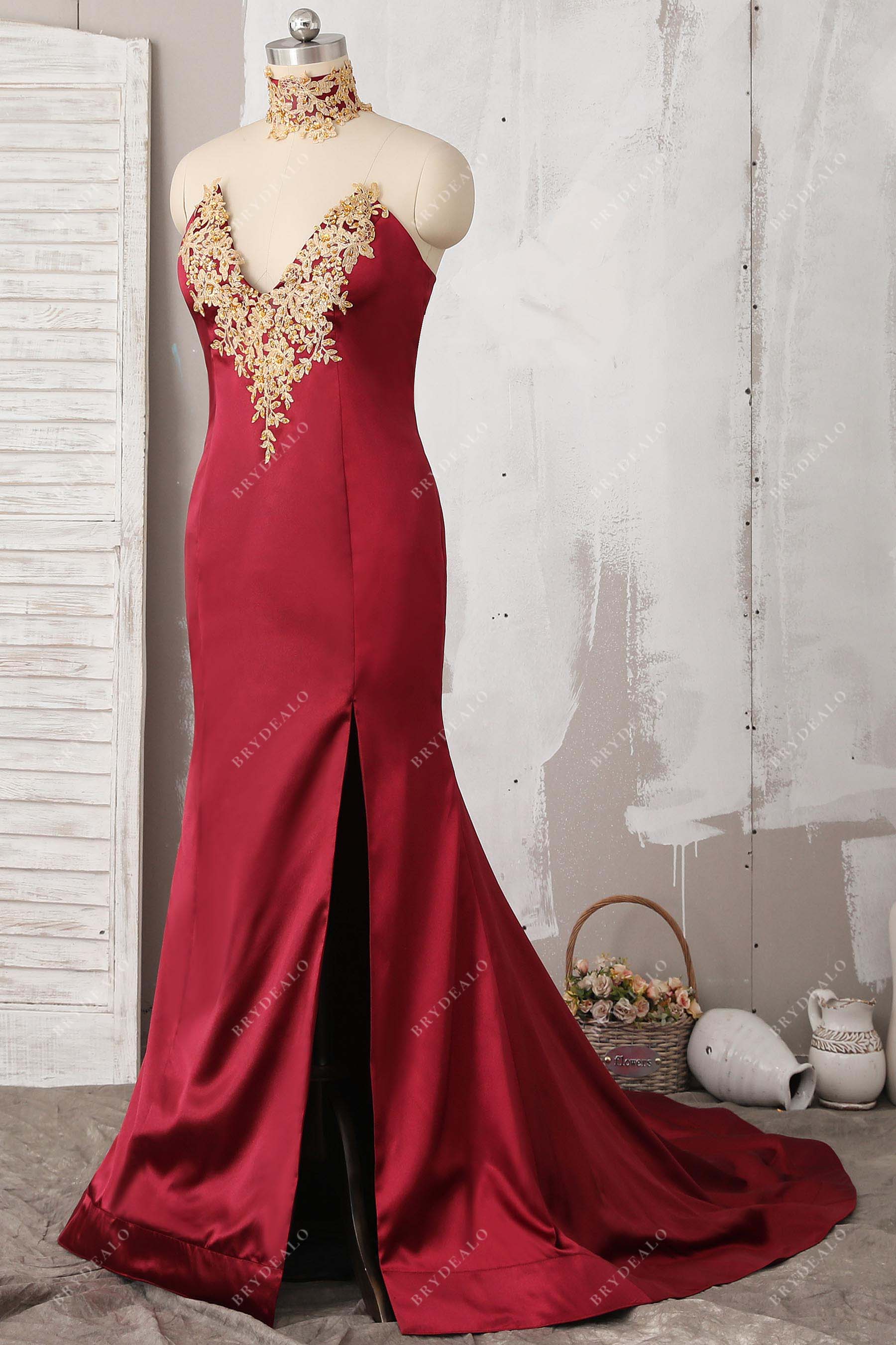 V-neck gold applique slit prom dress