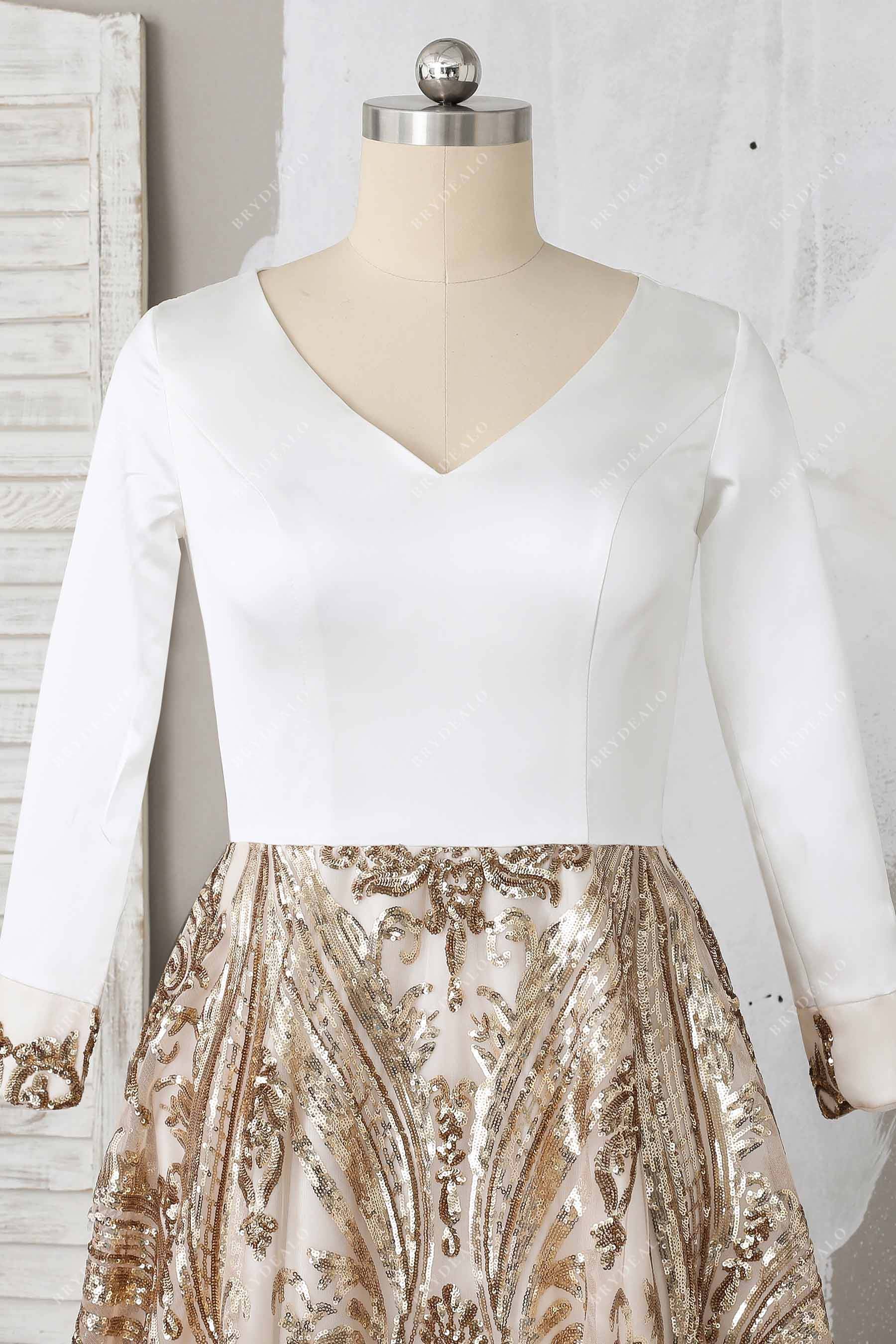 V-neck ivory satin sleeved prom dress
