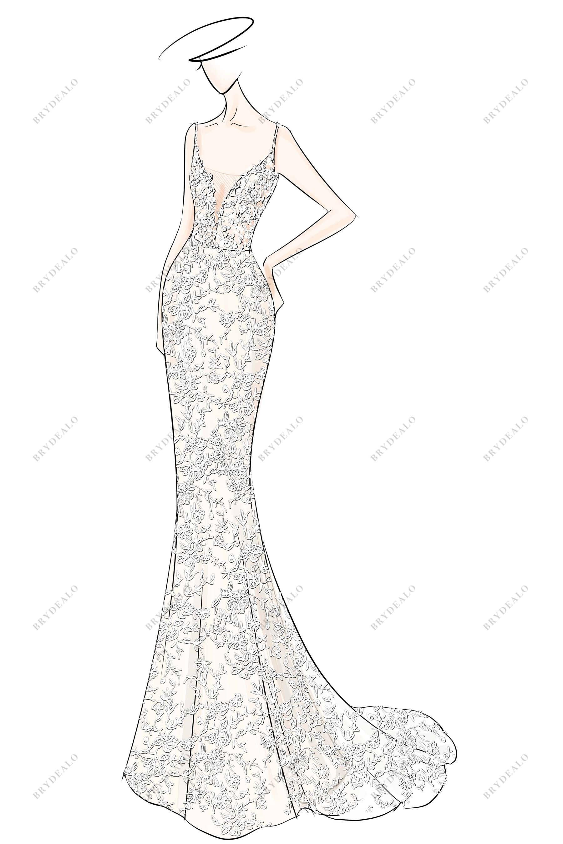 V-neck Lace Champagne Mermaid Designer Wedding Dress Sketch