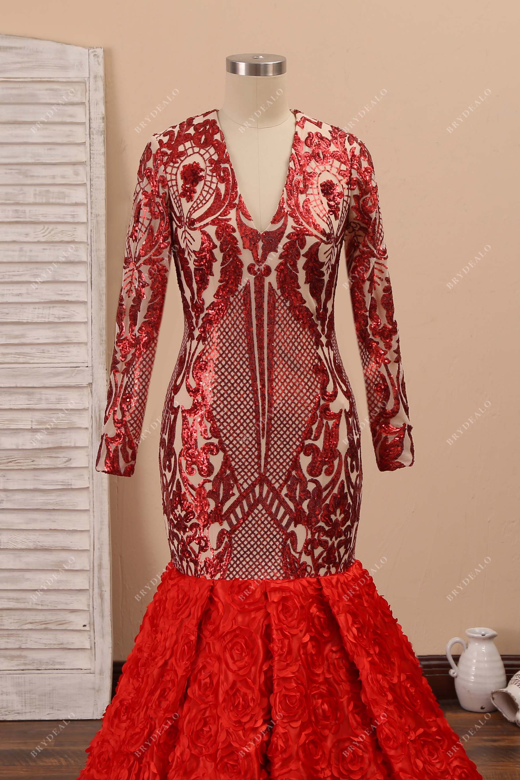 V-neck long sleeve prom dress