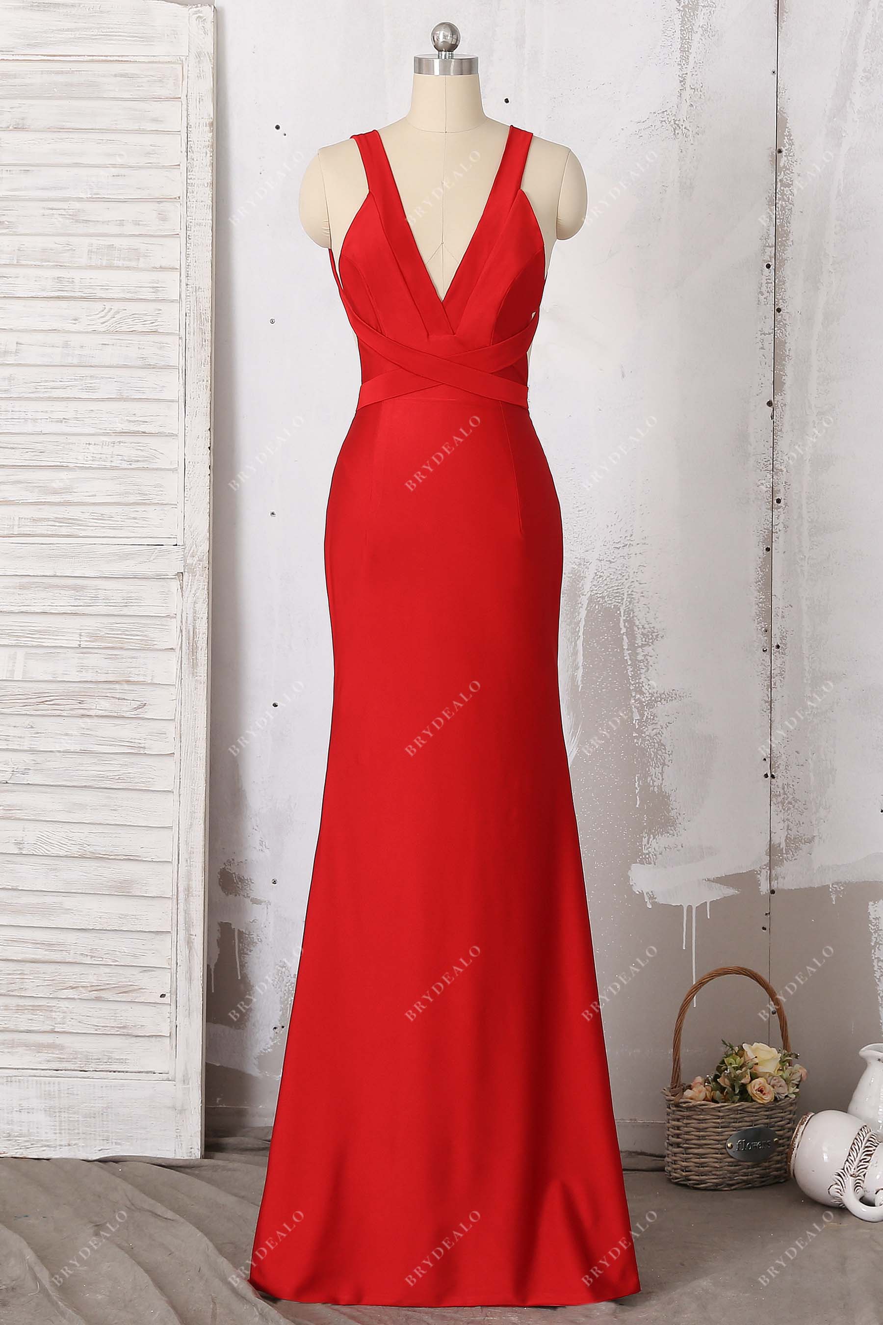 Red Jersey Wide Straps Mermaid Bridesmaid Dress