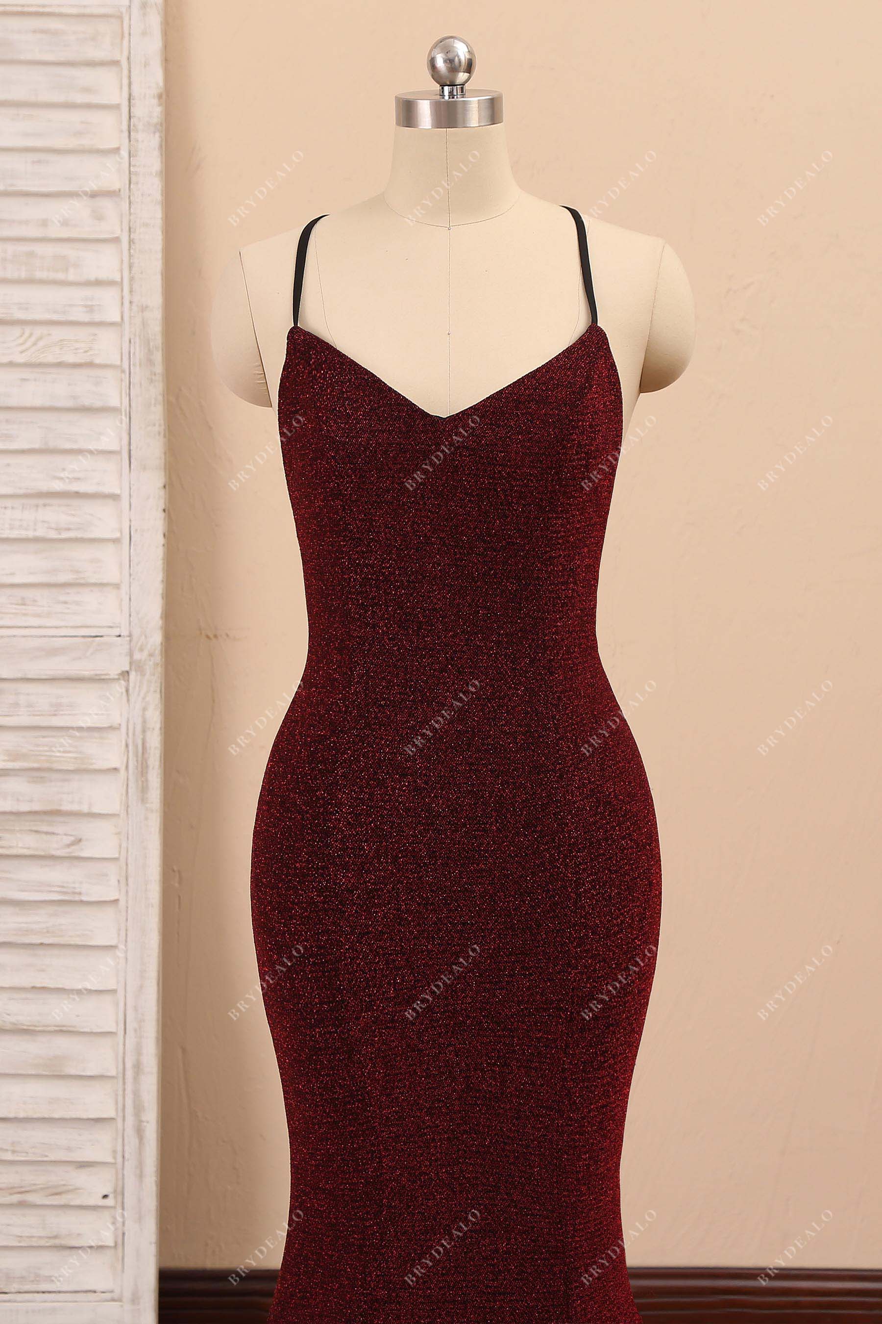 V-neck thin straps burgundy prom dress