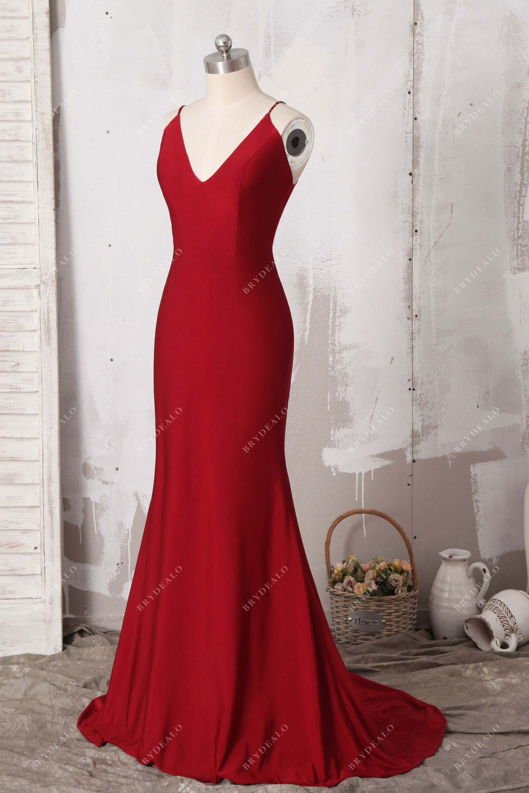 V-neck thin straps mermaid red prom dress