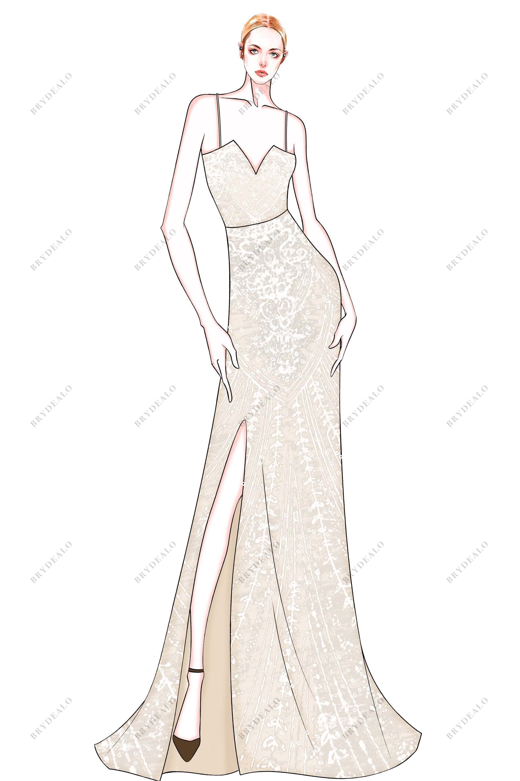 V-neck Thin Straps Slit Designer Wedding Dress Sketch