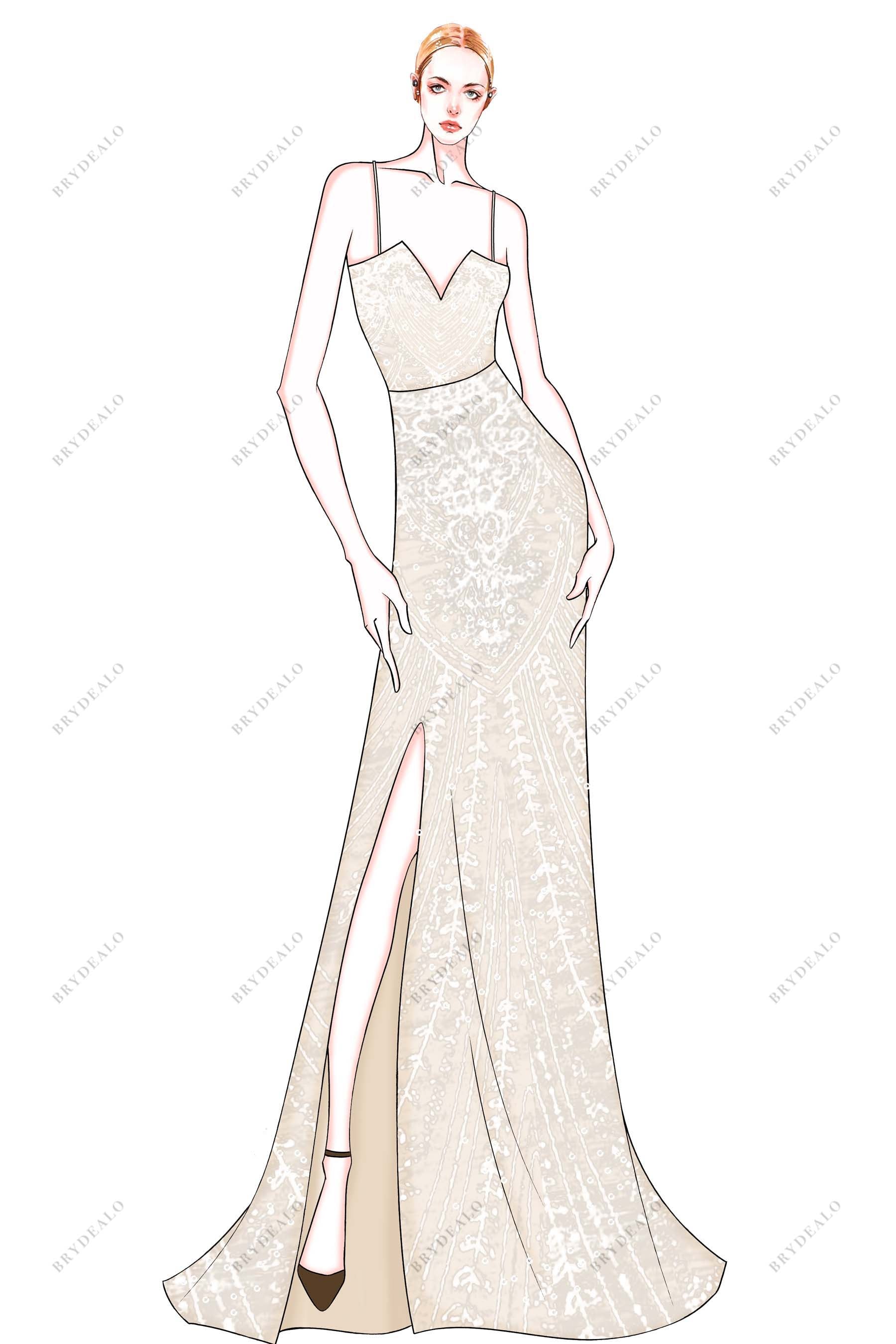 V-neck Thin Straps Slit Designer Wedding Dress Sketch V-neck Thin Straps Slit Designer Wedding Dress Sketch