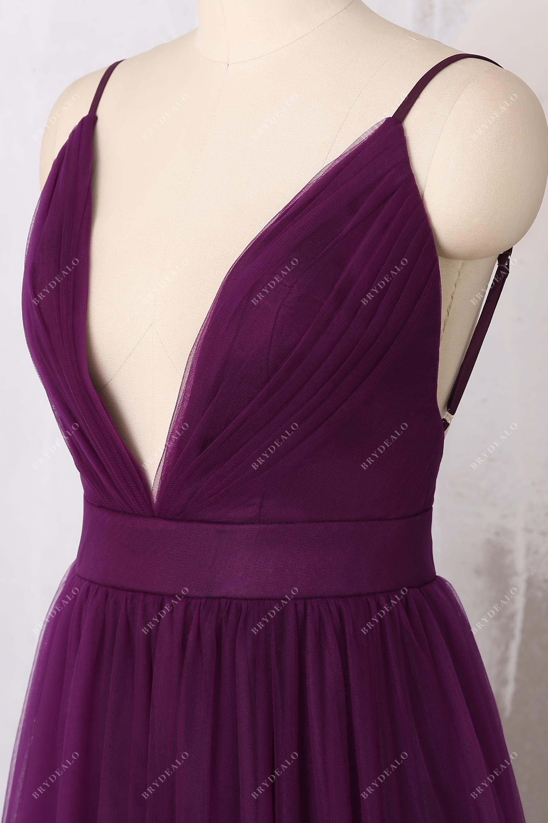 V-neck thin straps tulle prom dress