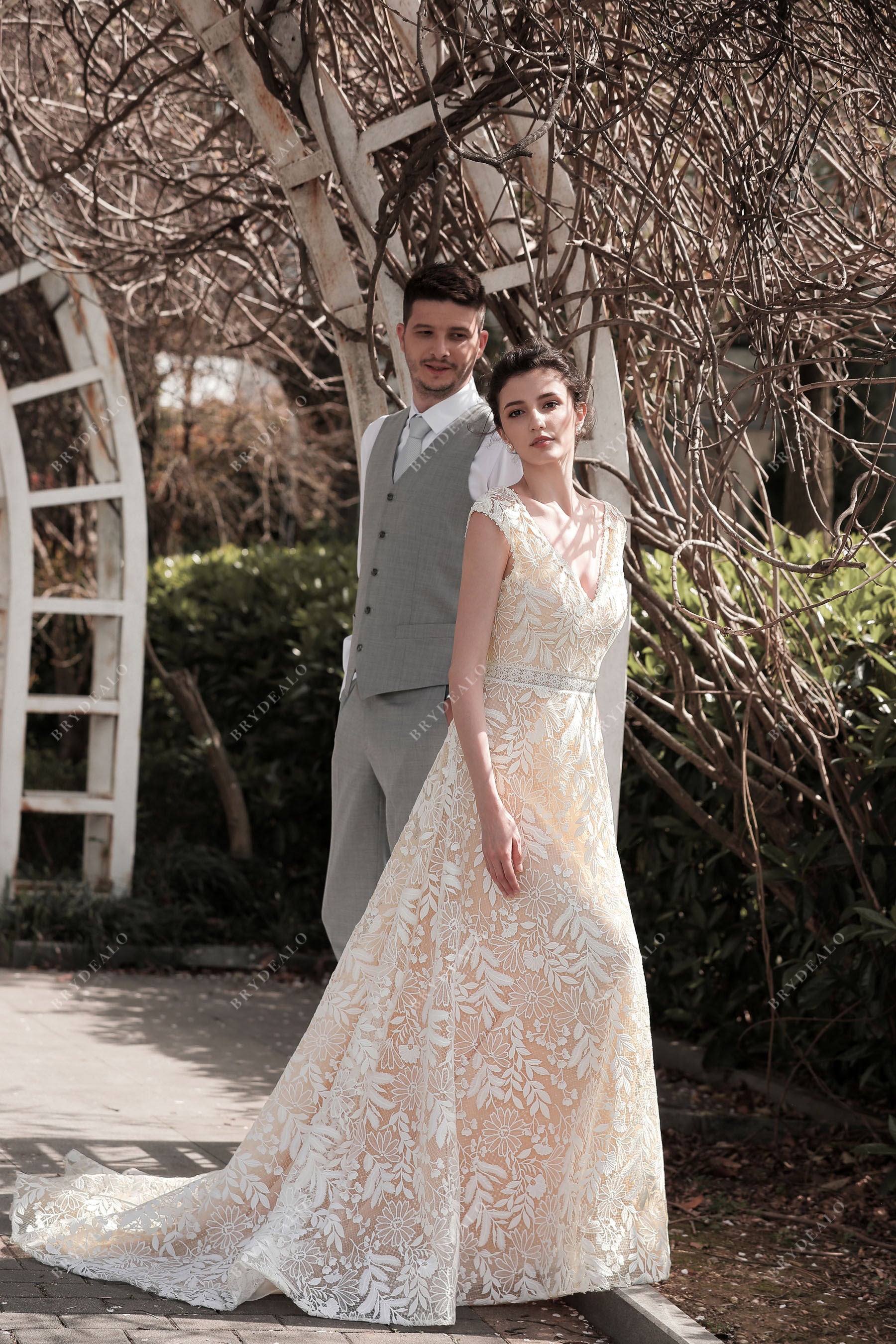V-neck cap sleeve lace A-line wedding dress