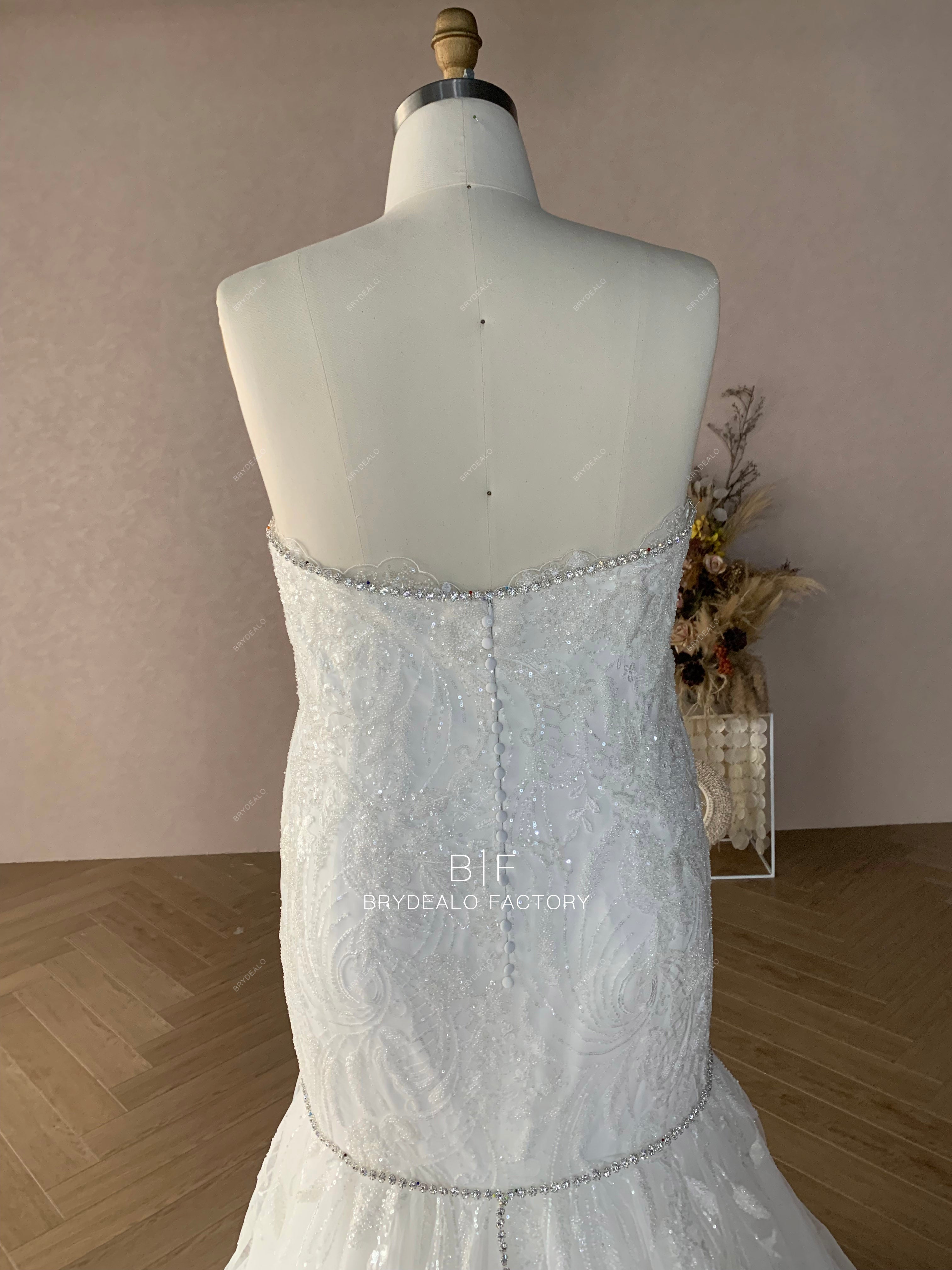 Rhinestone Straps Beaded Lace Custom Trumpet Wedding Dress