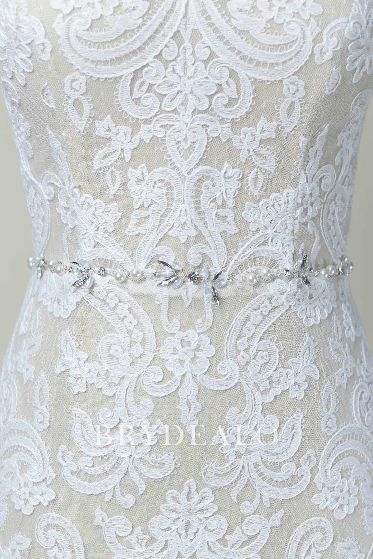 Wholesale Lustrous Ivory Satin Bridal Sash with Silver Dusty Blue Rhinestones