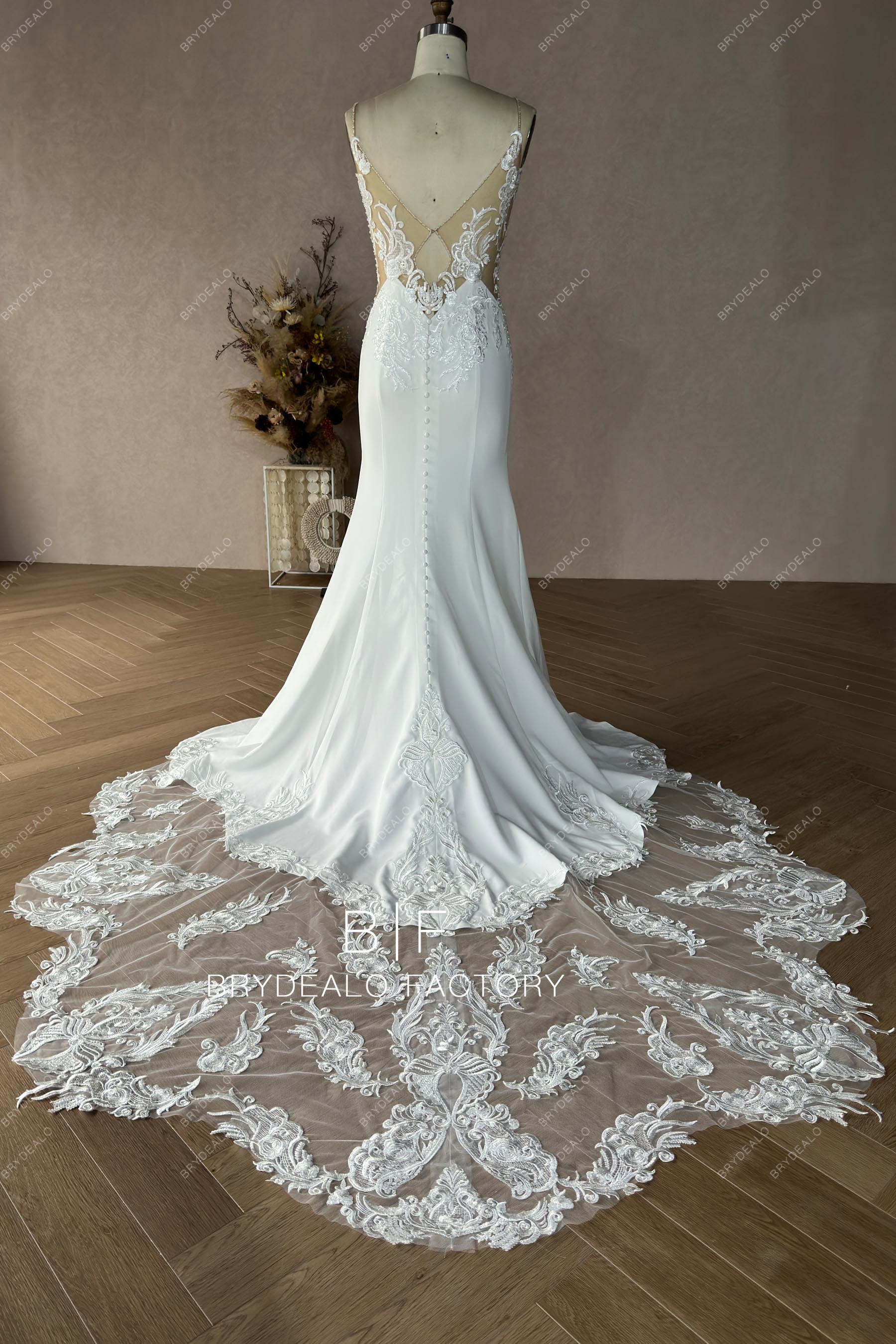 open back illusion cutout train wedding gown