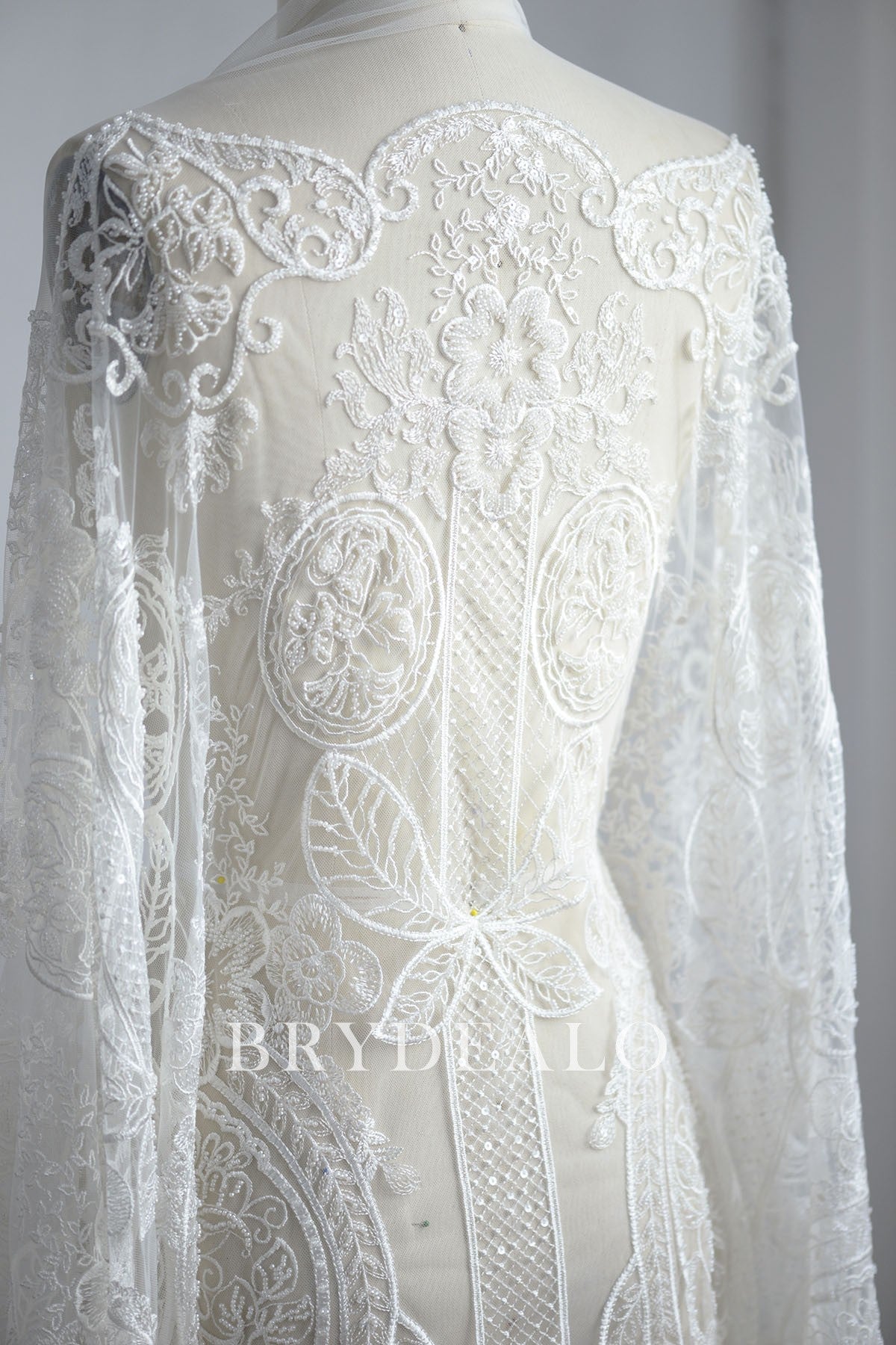 Abstract Beaded Border Bridal Lace Fabric