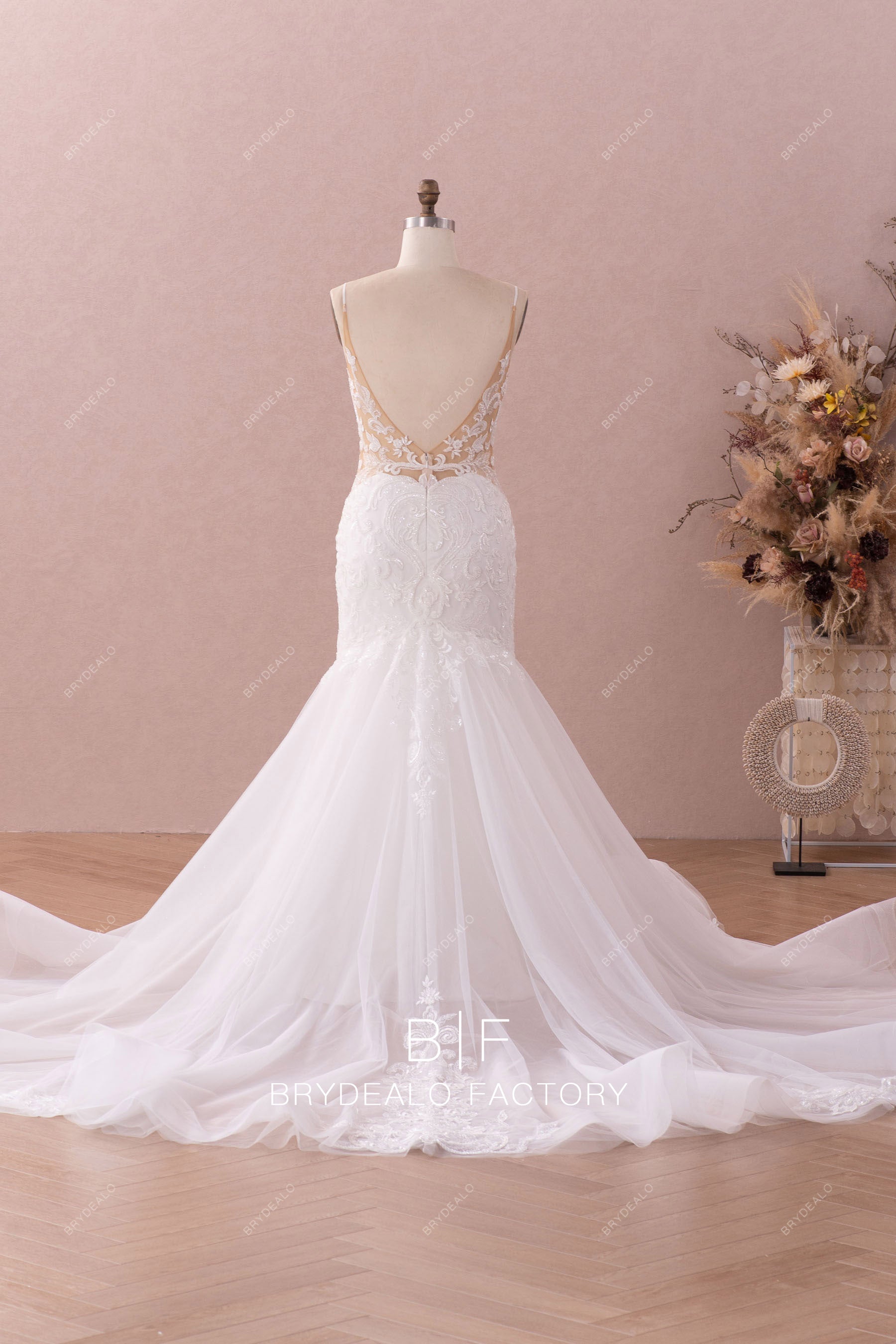 alluring open back long ruffled wedding dress