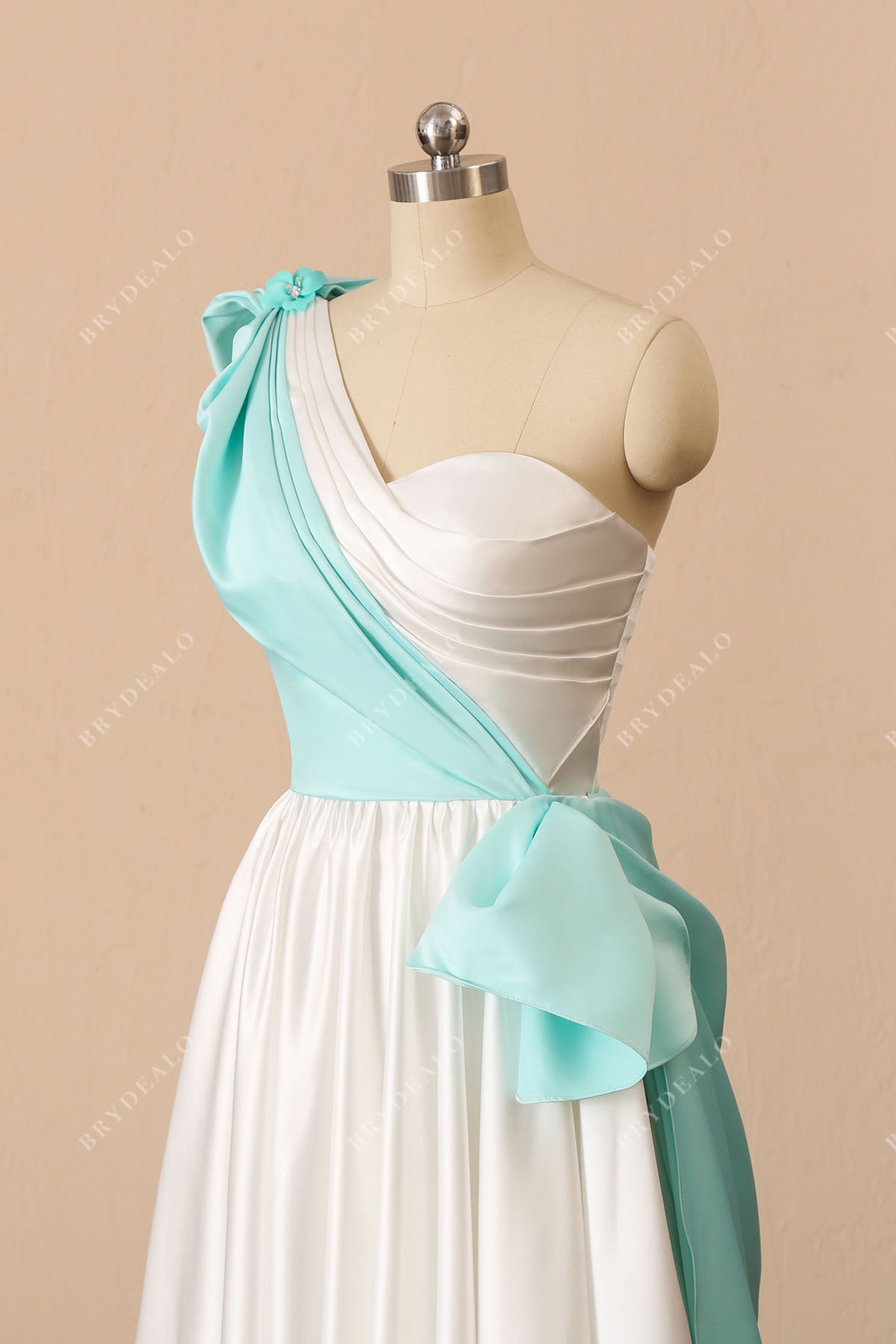 asymmetrical neck satin bow bridal dress