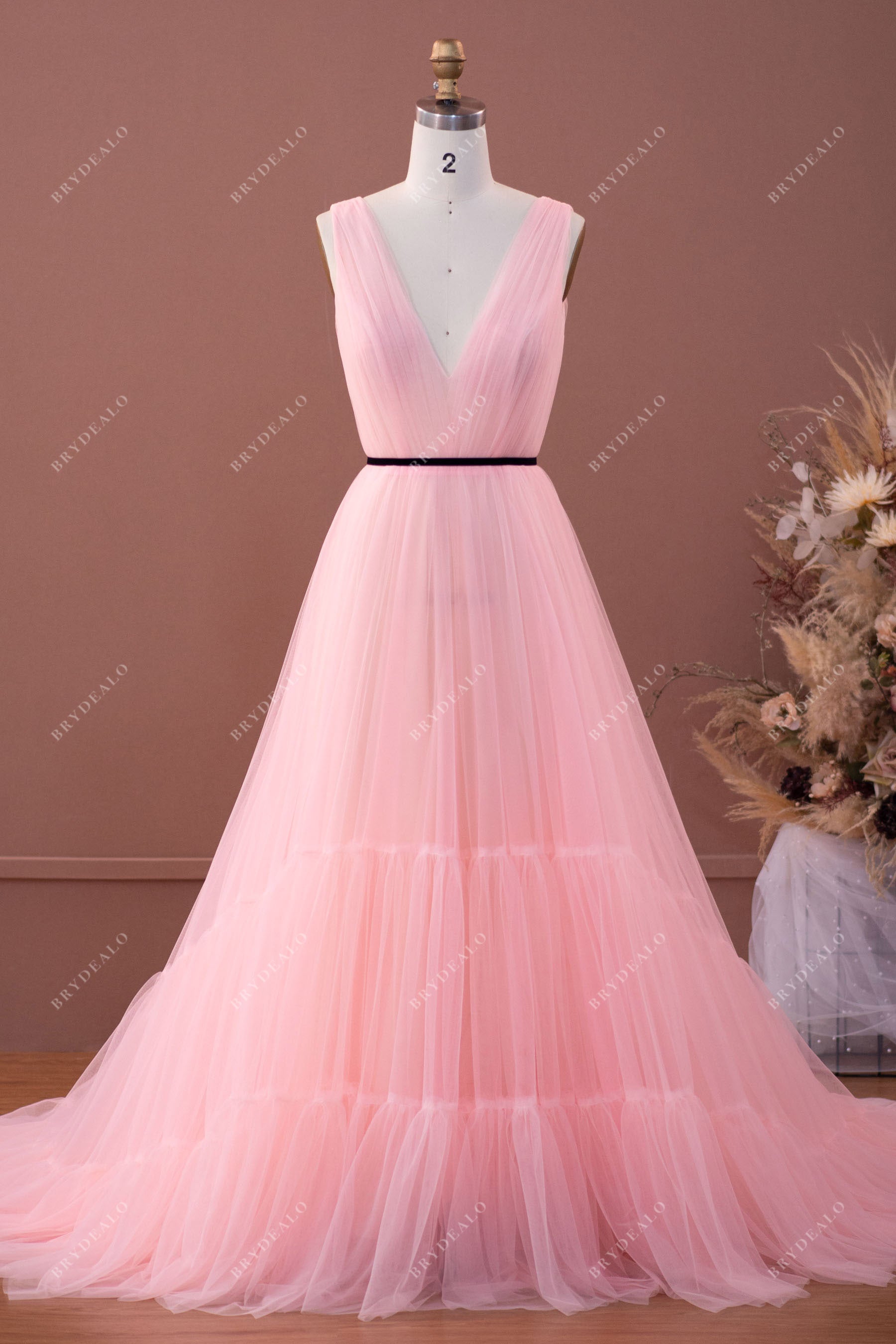 Baby Pink Pleated Tiered Tulle A-line Formal Prom Dress