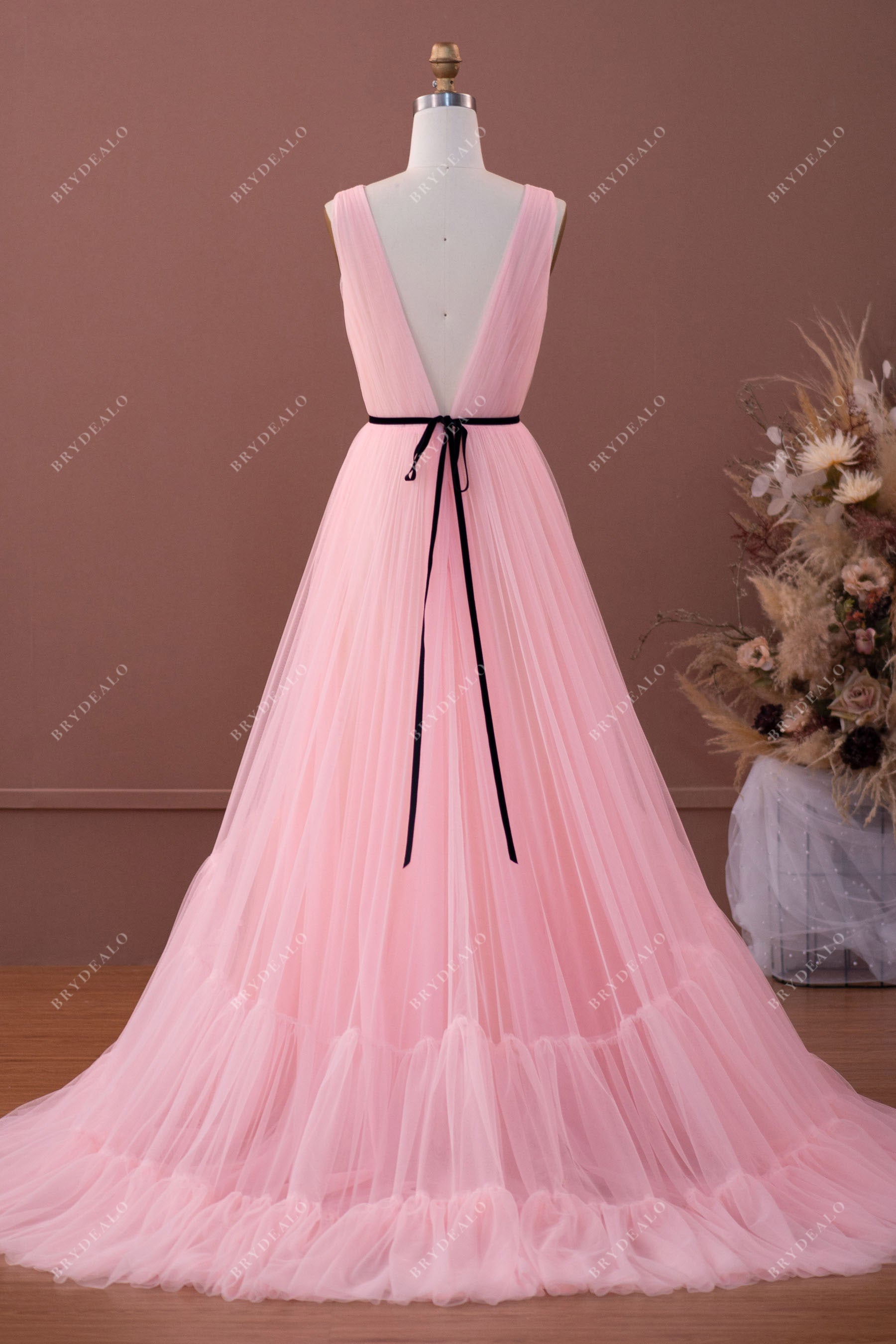 baby pink tiered tulle V-back prom formal dress