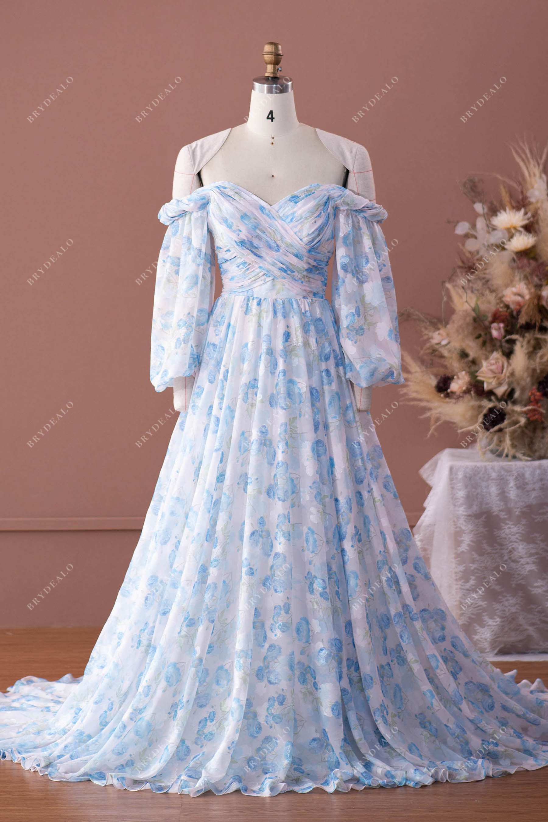 Balloon Sleeve Pleated Flowing Floral Chiffon A line Wedding Dress